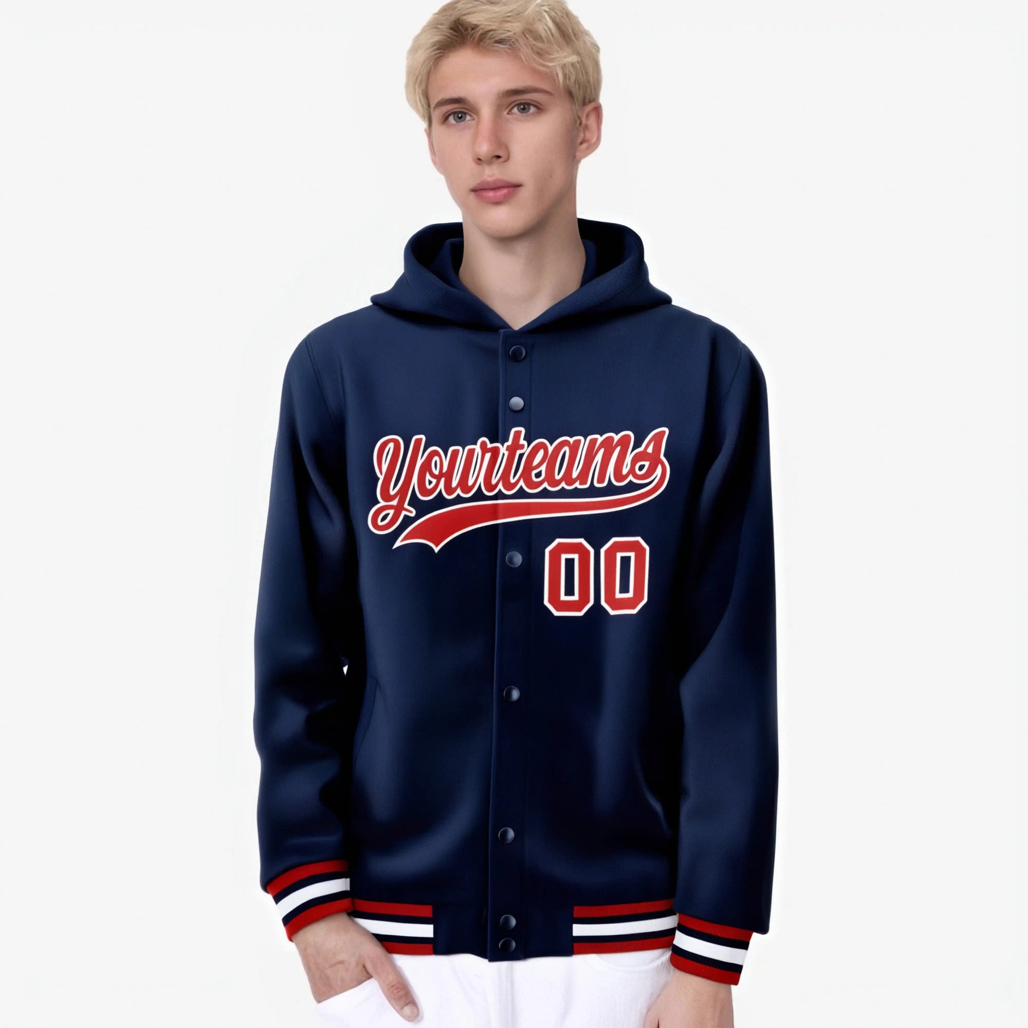 Custom Navy Red-White Varsity Full-Snap Letterman Classic Hoodie Jacket