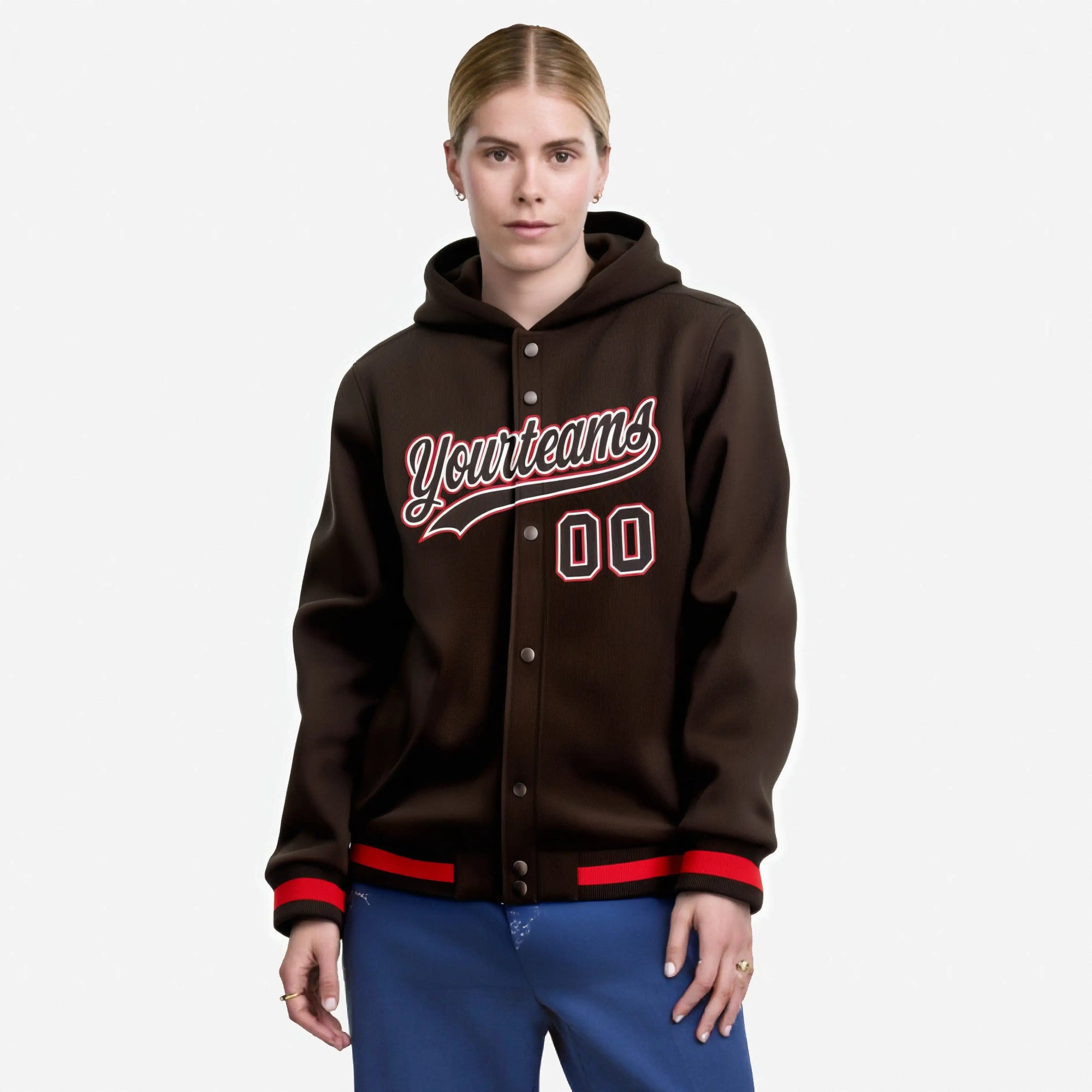 Custom Brown White-Red Varsity Full-Snap Letterman Classic Hoodie Jacket