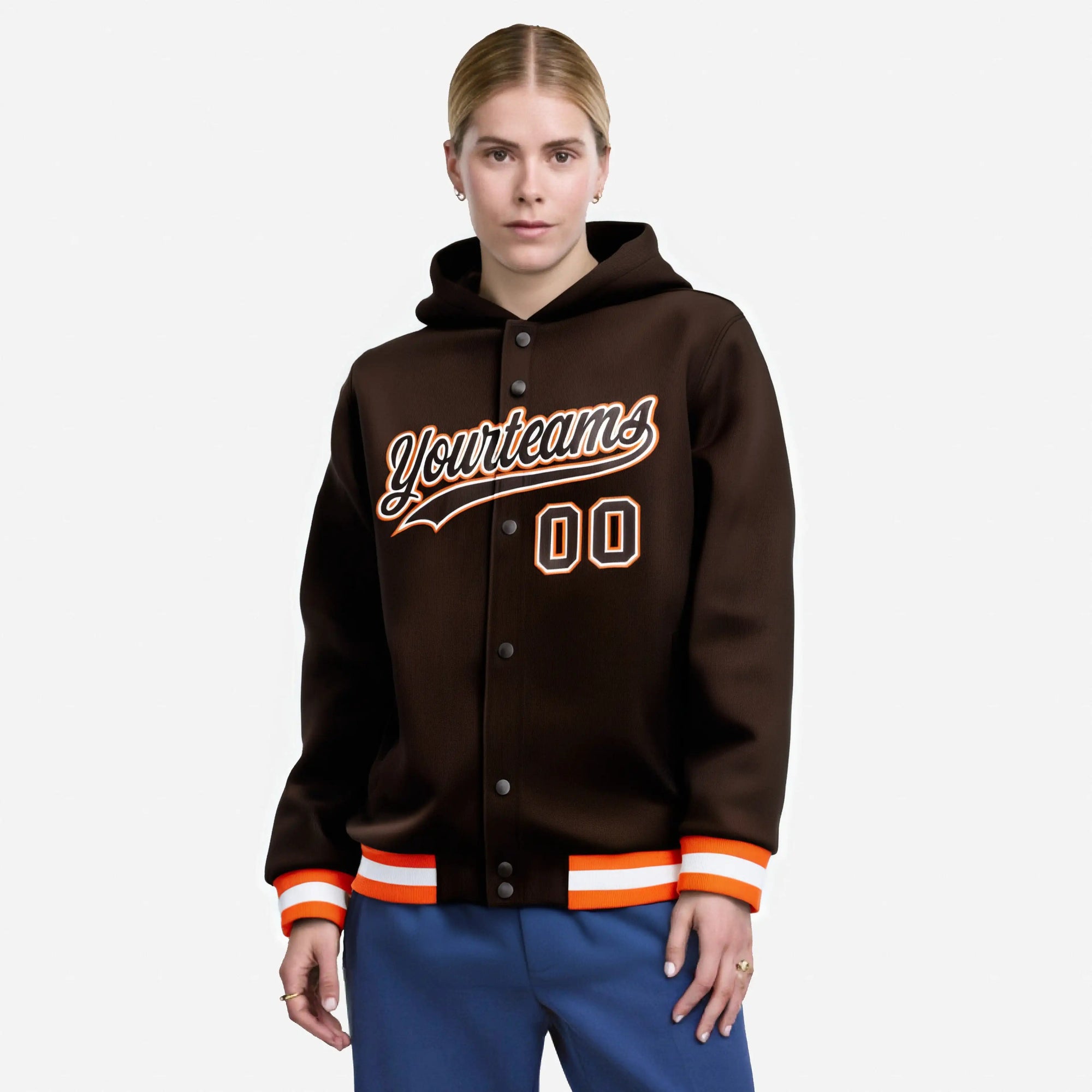 Custom Brown Orange-White Varsity Full-Snap Letterman Classic Hoodie Jacket