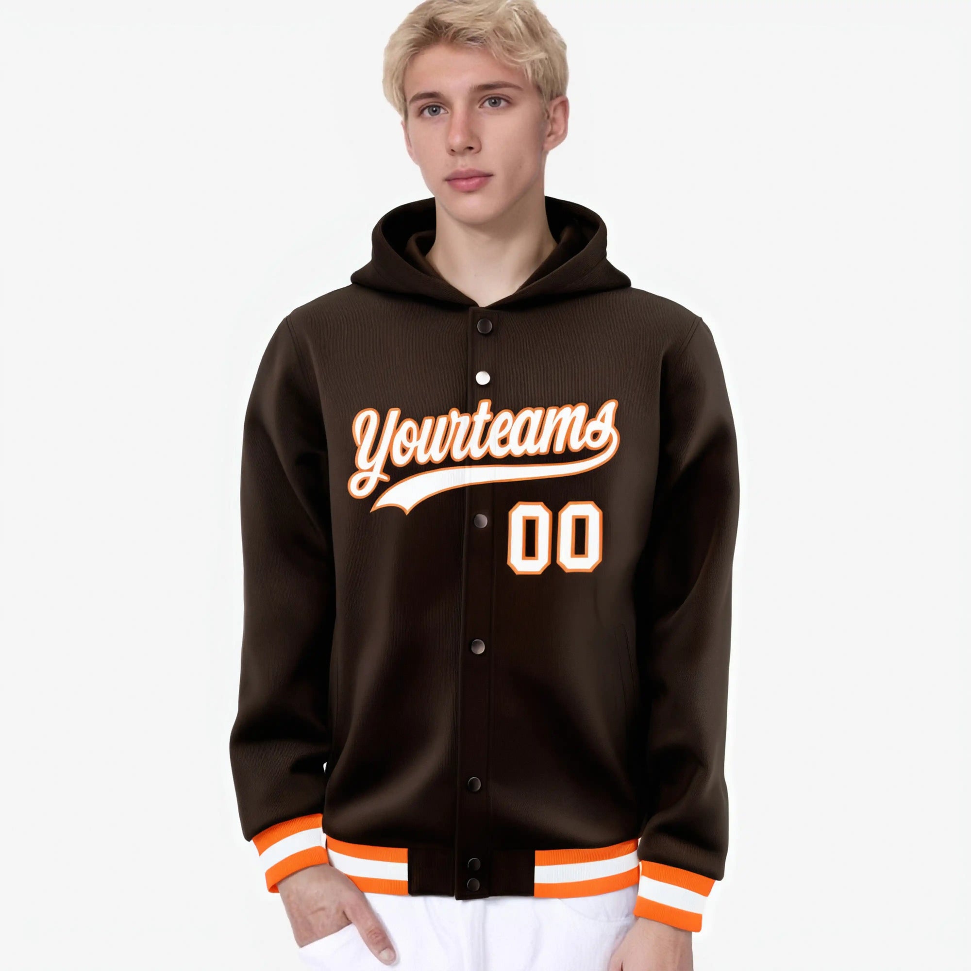 Custom Brown White-Orange Varsity Full-Snap Letterman Classic Hoodie Jacket