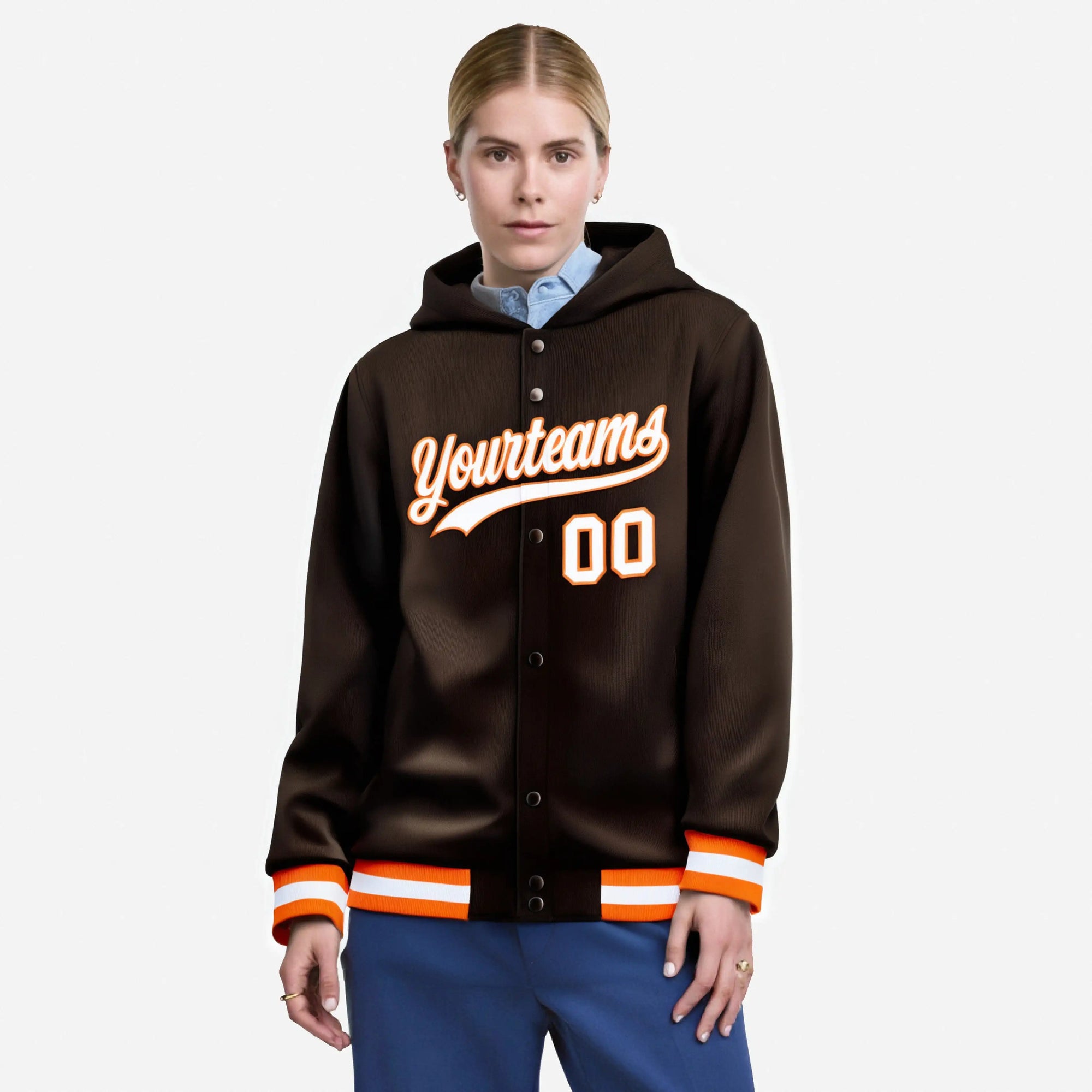 Custom Brown White-Orange Varsity Full-Snap Letterman Classic Hoodie Jacket