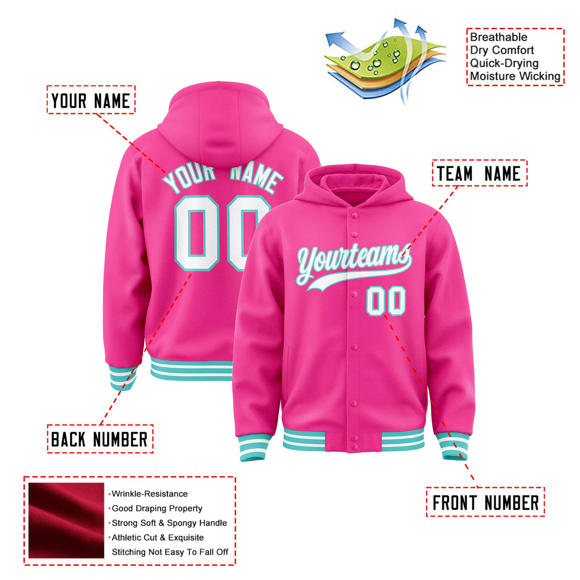 Custom Pink White-Aqua Varsity Full-Snap Letterman Classic Hoodie Jacket