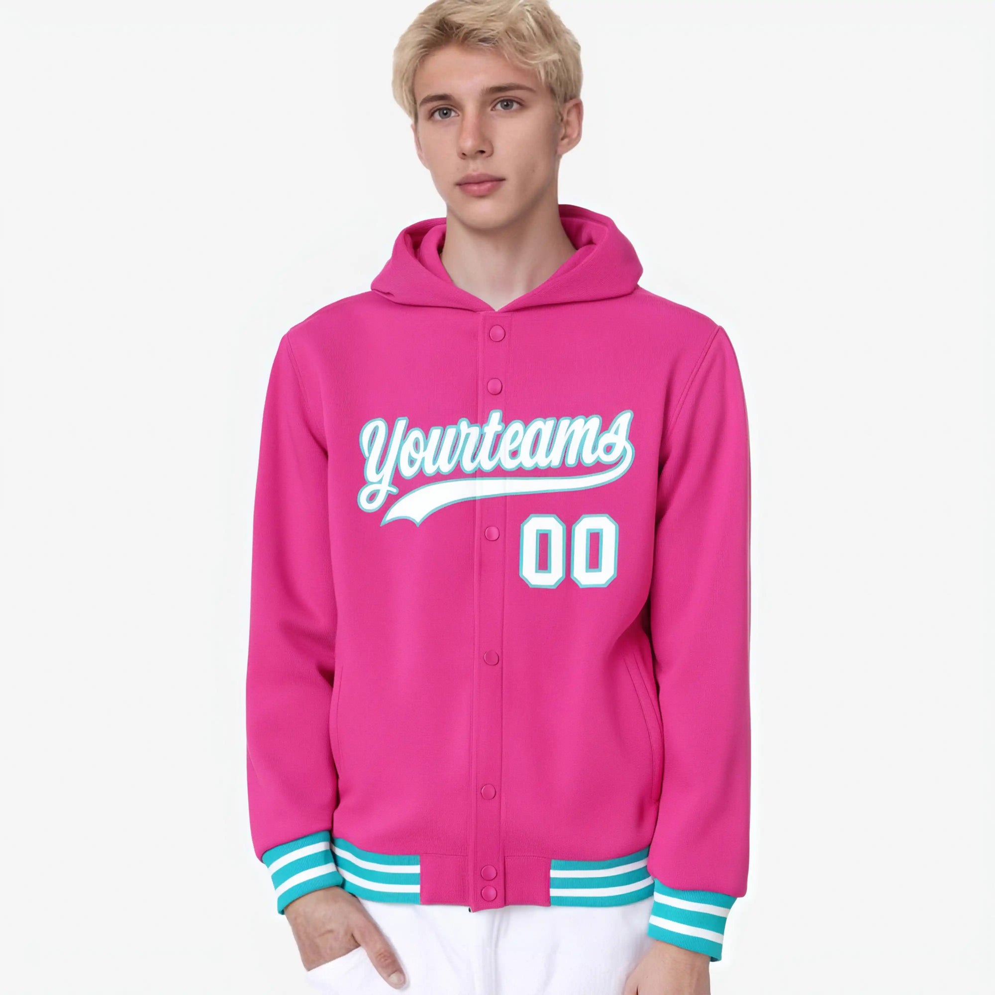 Custom Pink White-Aqua Varsity Full-Snap Letterman Classic Hoodie Jacket