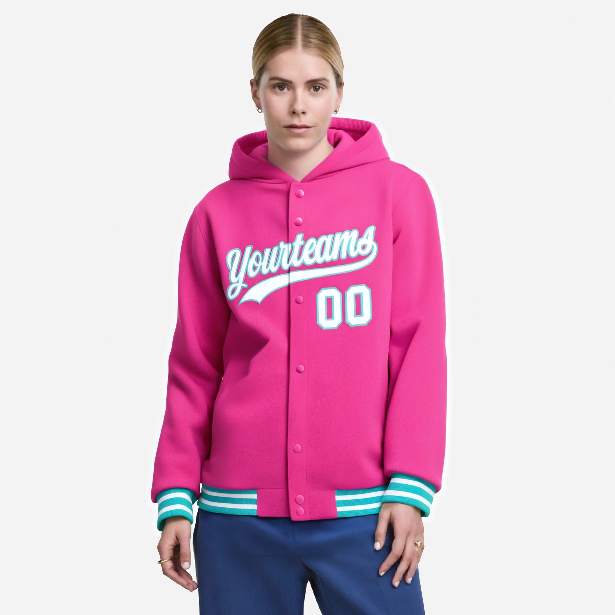 Custom Pink White-Aqua Varsity Full-Snap Letterman Classic Hoodie Jacket