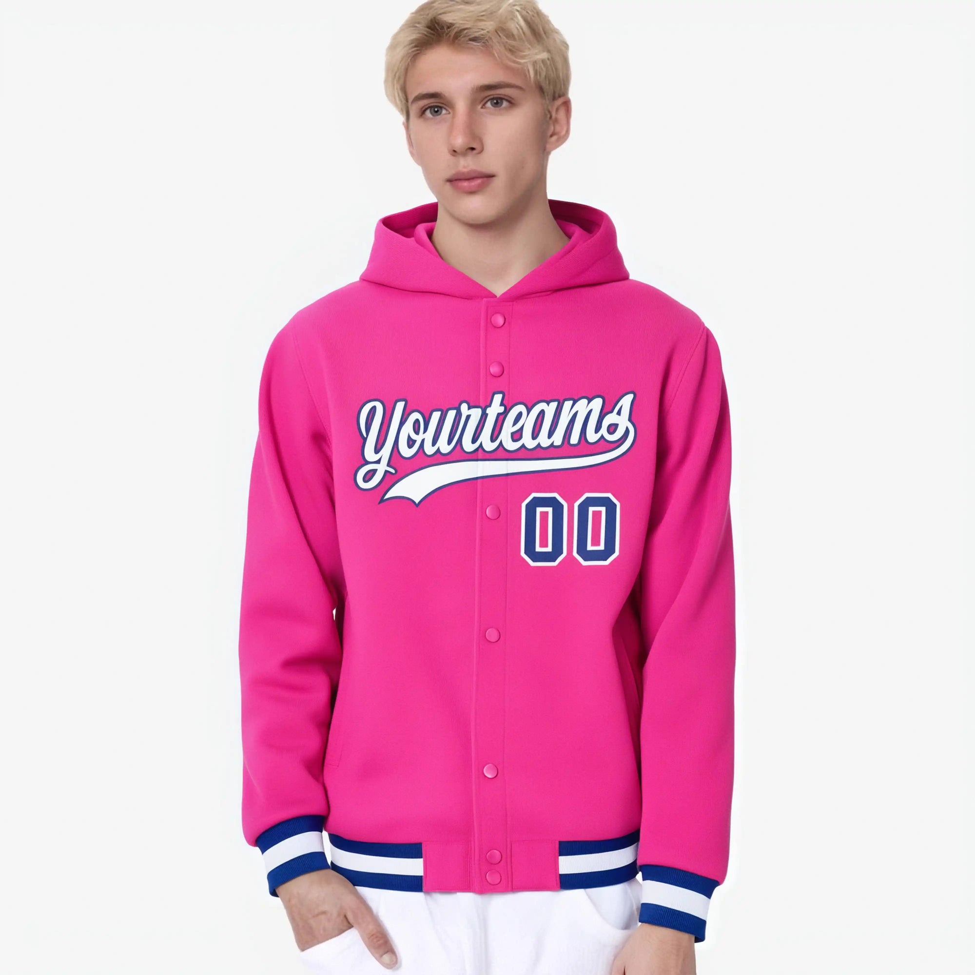 Custom Pink White-Royal Blue Varsity Full-Snap Letterman Classic Hoodie Jacket