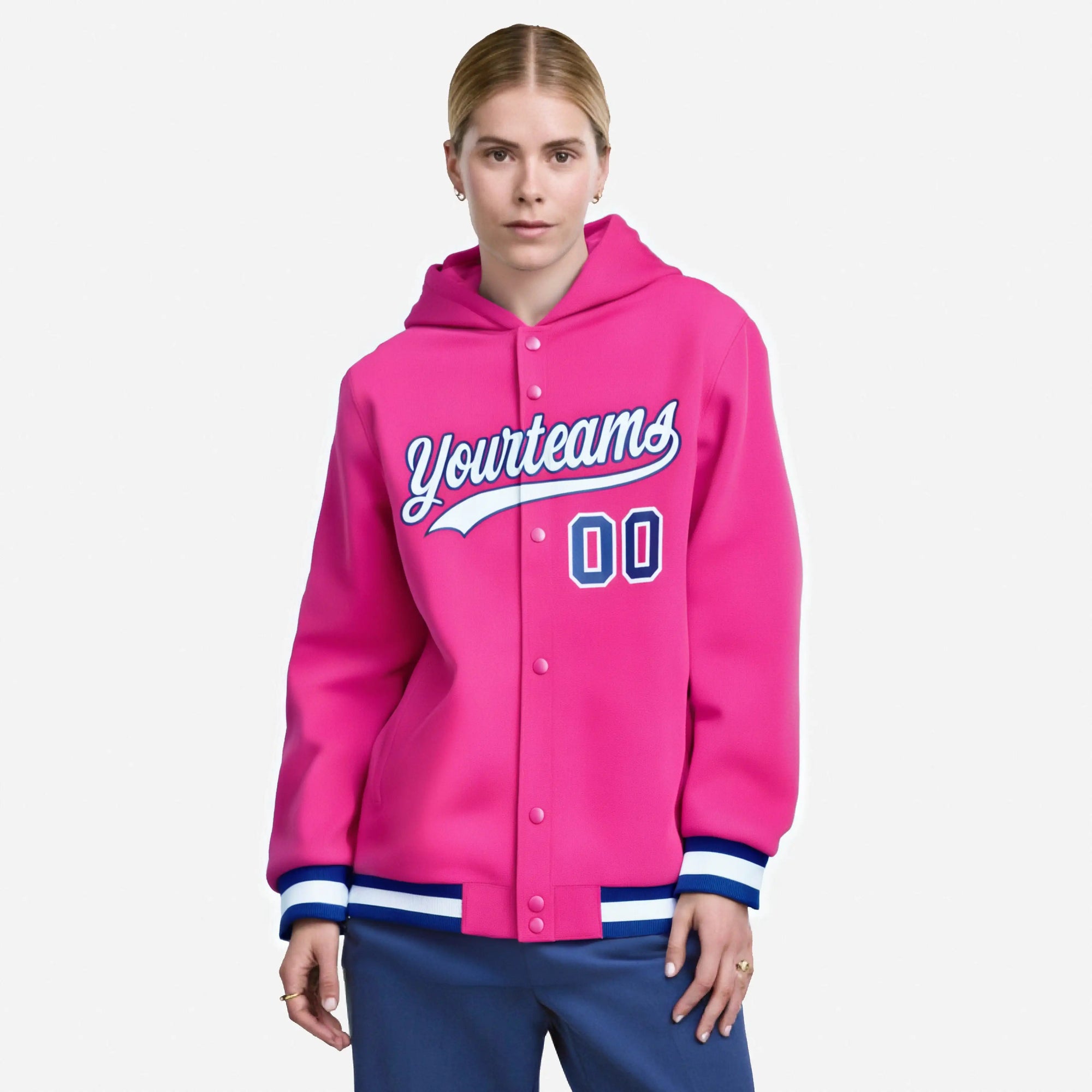 Custom Pink White-Royal Blue Varsity Full-Snap Letterman Classic Hoodie Jacket