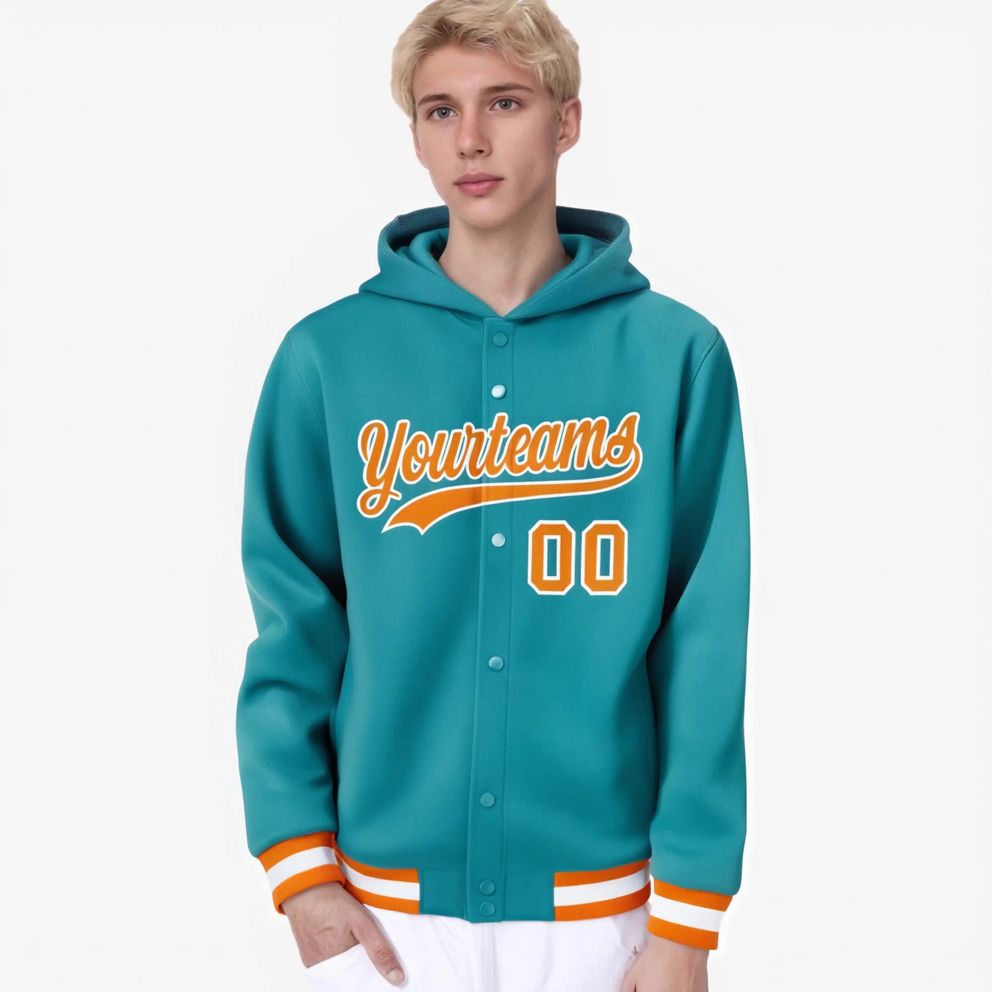 Custom Aqua Orange-White Varsity Full-Snap Letterman Classic Hoodie Jacket