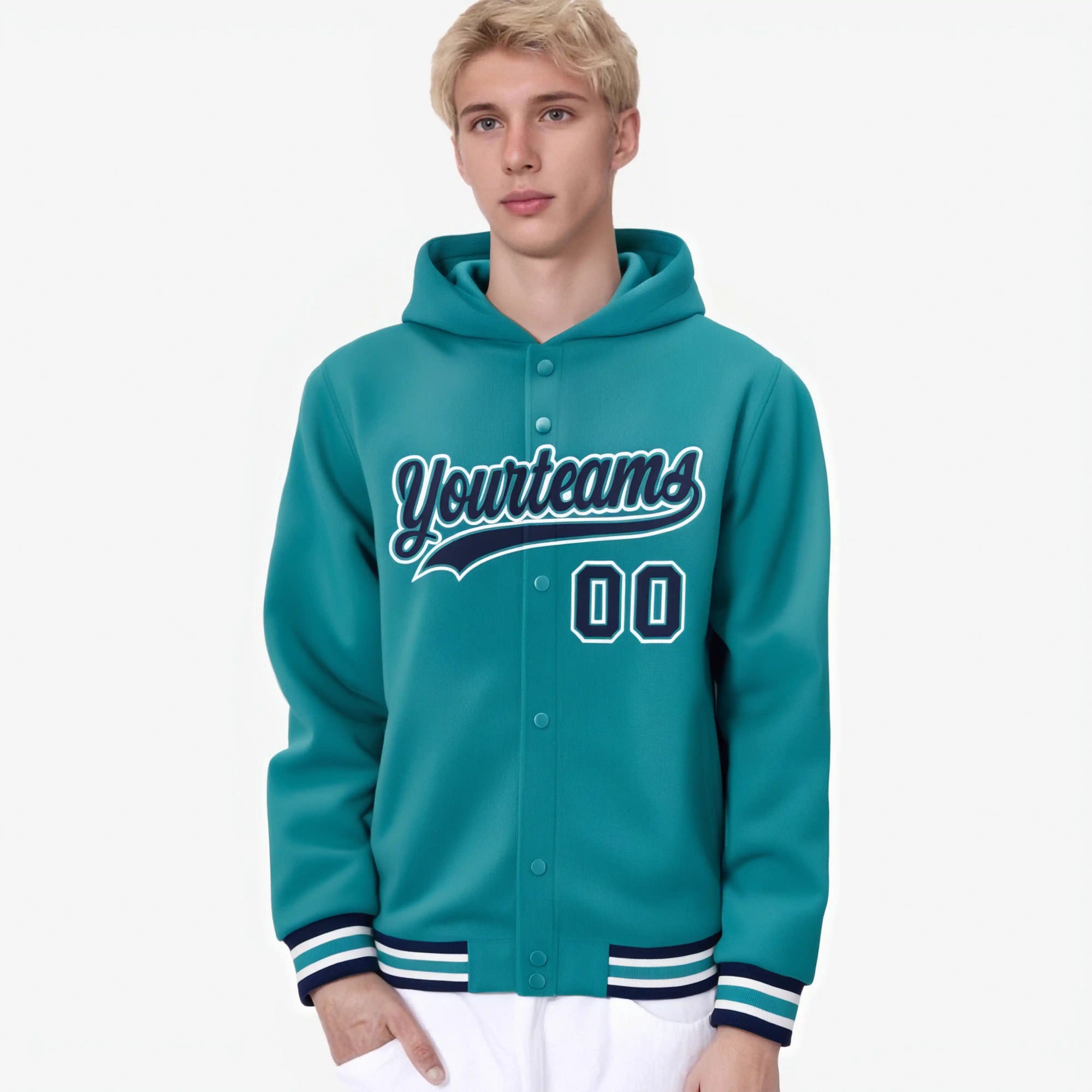 Custom Aqua Navy-White Varsity Full-Snap Letterman Classic Hoodie Jacket