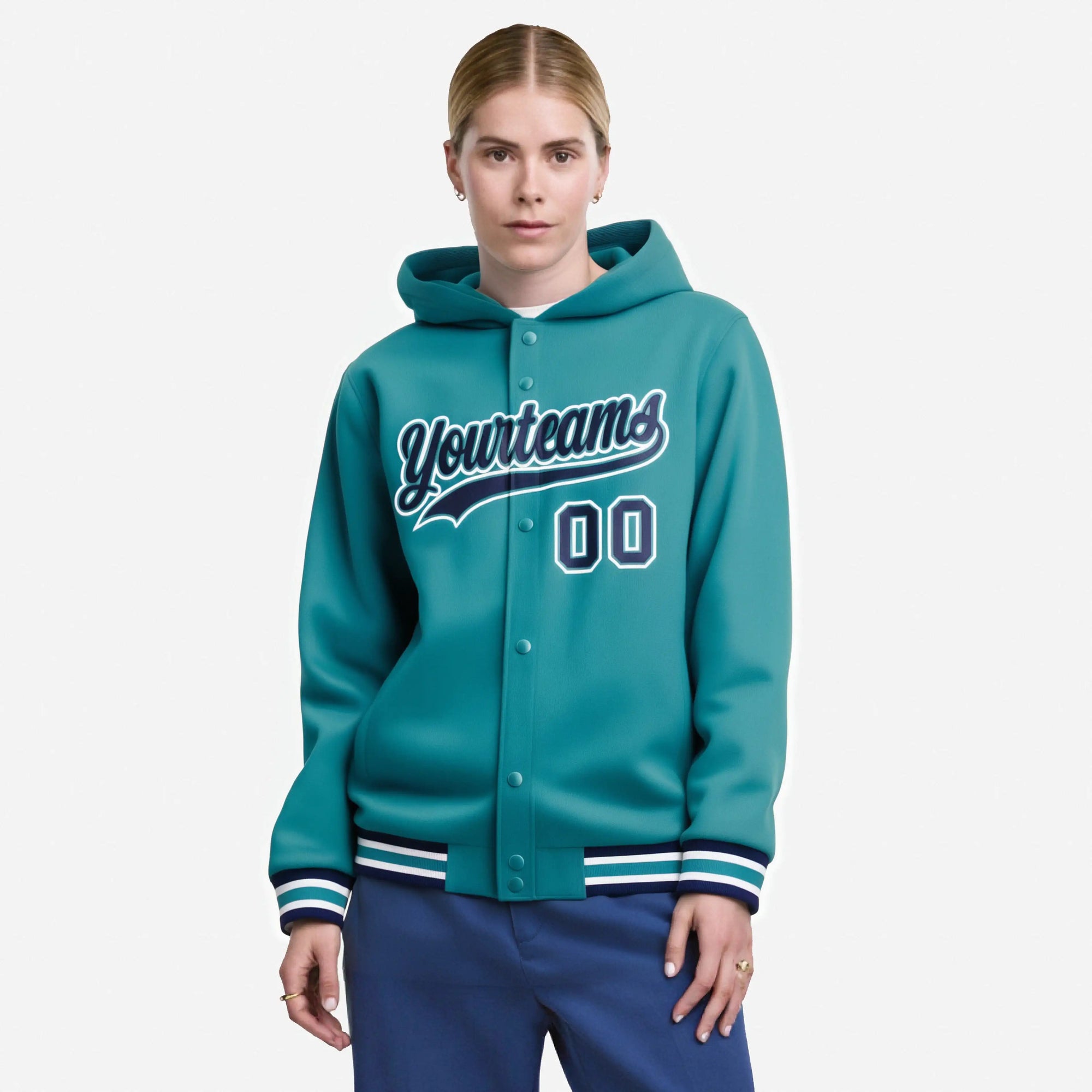 Custom Aqua Navy-White Varsity Full-Snap Letterman Classic Hoodie Jacket