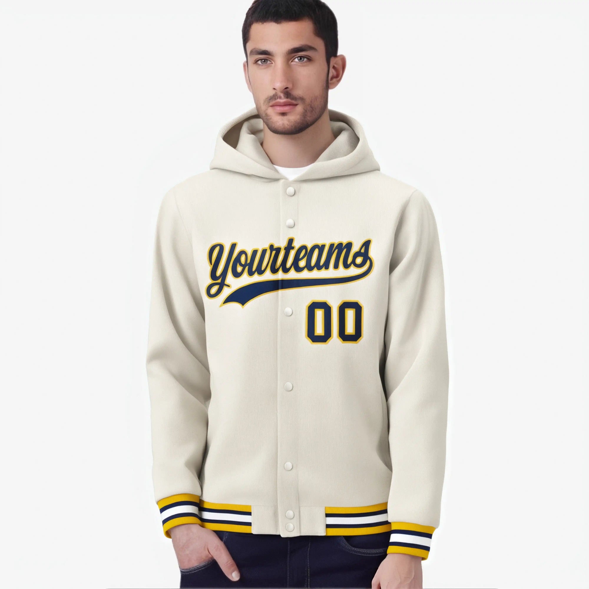 Custom Cream Navy-Gold Varsity Full-Snap Letterman Classic Hoodie Jacket