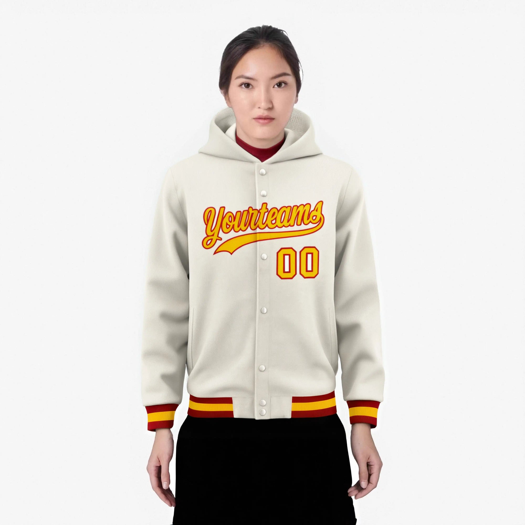 Custom Cream Gold-Red Varsity Full-Snap Letterman Classic Hoodie Jacket