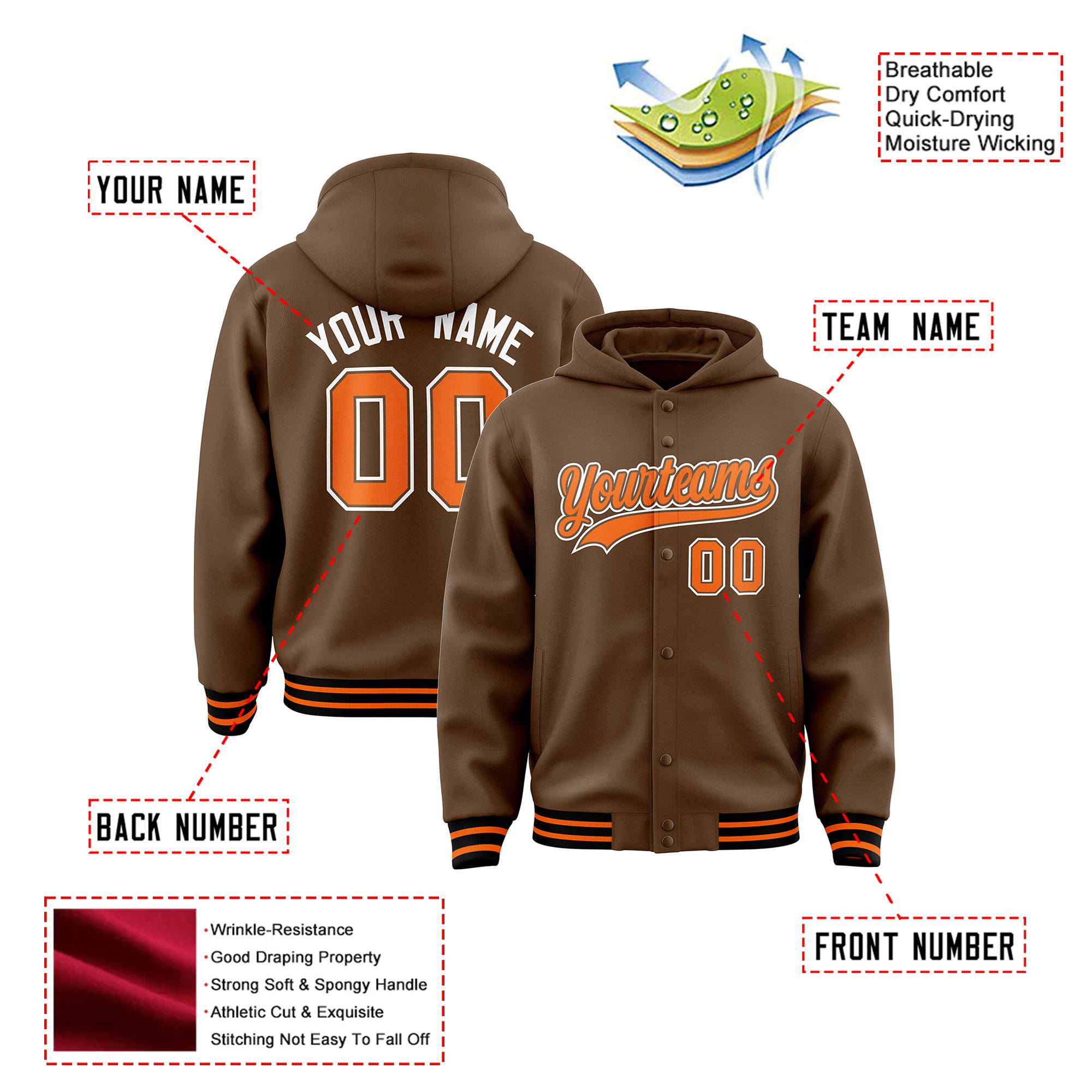 Custom Brown Orange-White Varsity Full-Snap Letterman Classic Hoodie Jacket