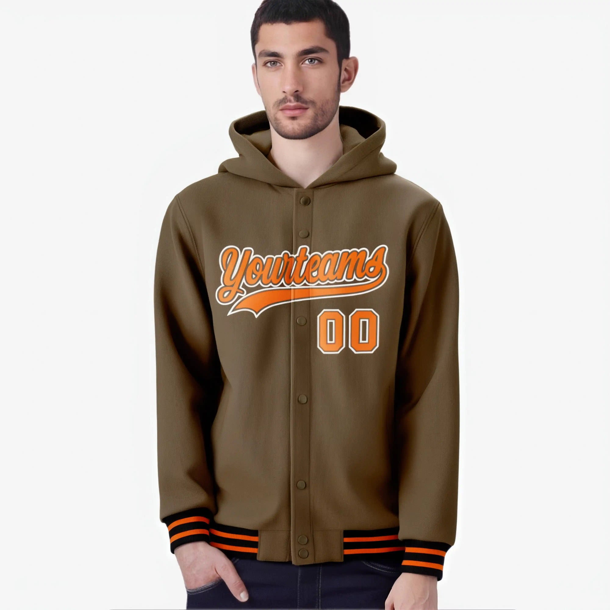 Custom Brown Orange-White Varsity Full-Snap Letterman Classic Hoodie Jacket