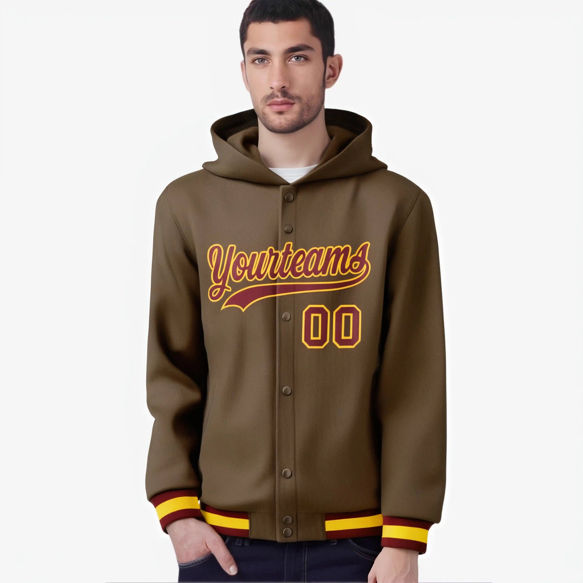 Custom Brown Crimson-Gold Varsity Full-Snap Letterman Classic Hoodie Jacket