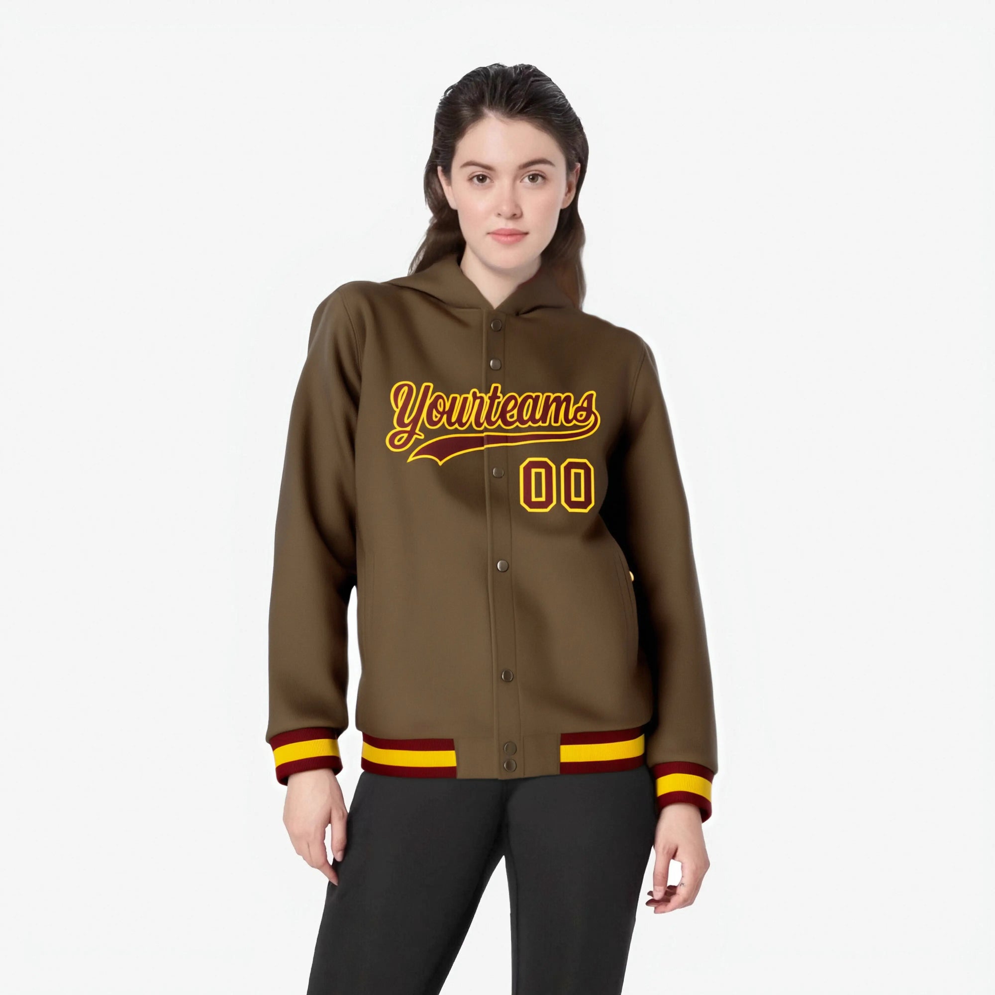 Custom Brown Crimson-Gold Varsity Full-Snap Letterman Classic Hoodie Jacket