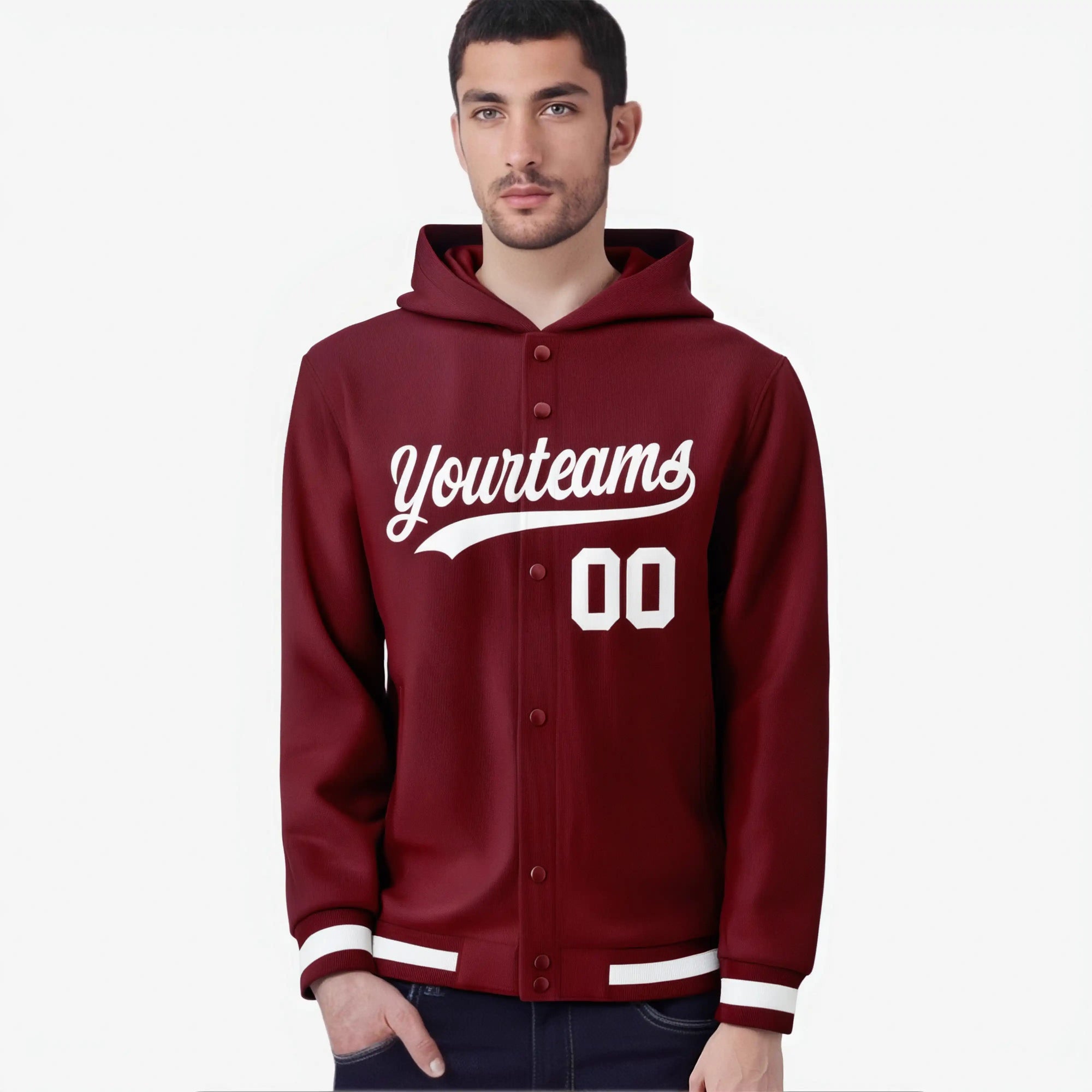 Custom Crimson White Varsity Full-Snap Letterman Classic Hoodie Jacket