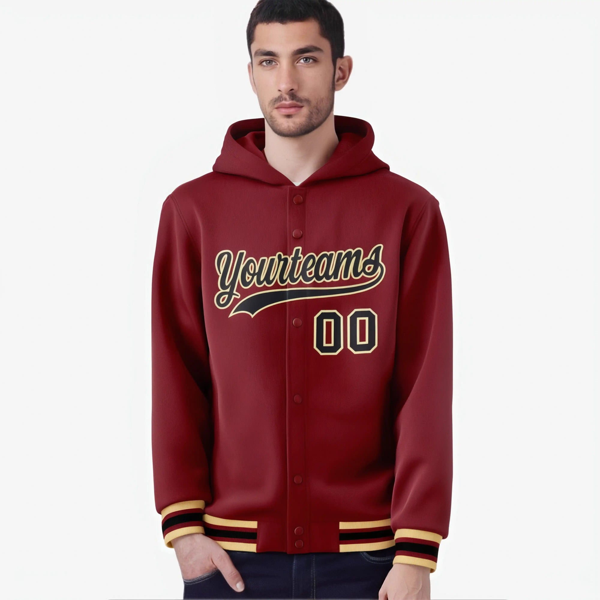 Custom Crimson Black-Old Gold Varsity Full-Snap Letterman Classic Hoodie Jacket