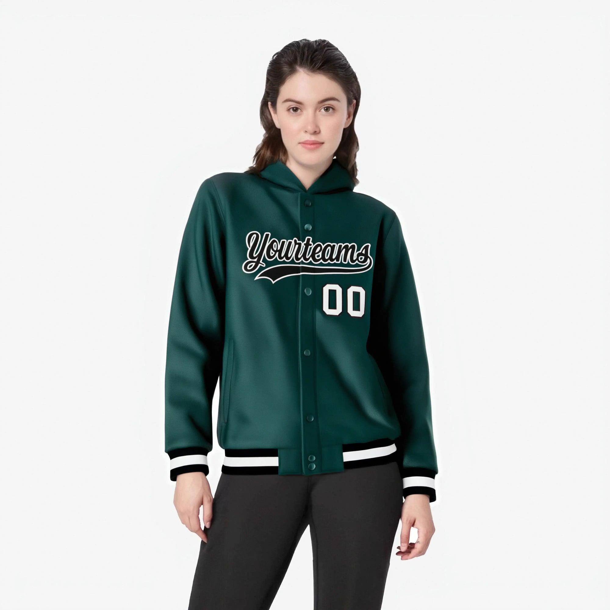 Custom Green Black-White Varsity Full-Snap Letterman Classic Hoodie Jacket