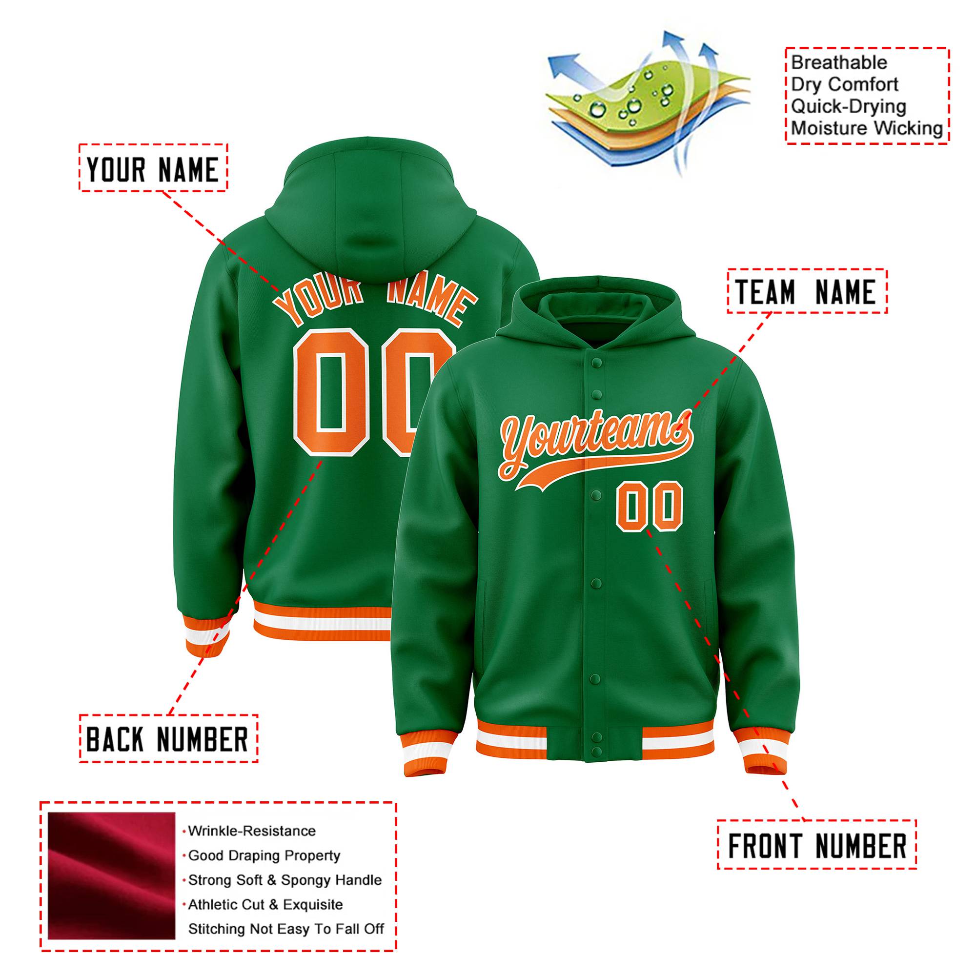 Custom Kelly Green Orange-White Varsity Full-Snap Letterman Classic Hoodie Jacket