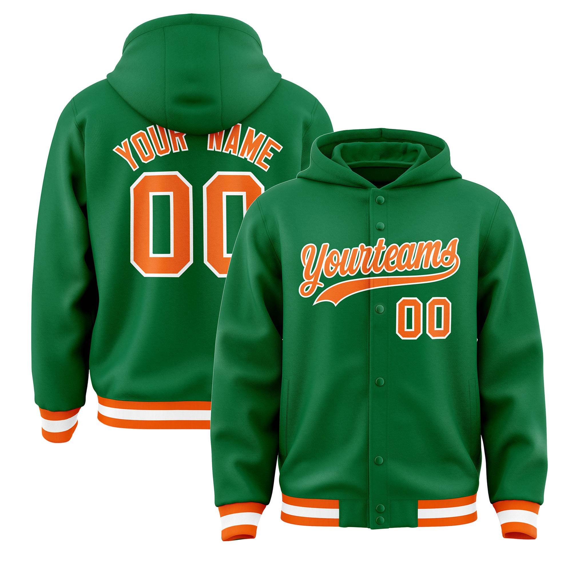 Custom Kelly Green Orange-White Varsity Full-Snap Letterman Classic Hoodie Jacket