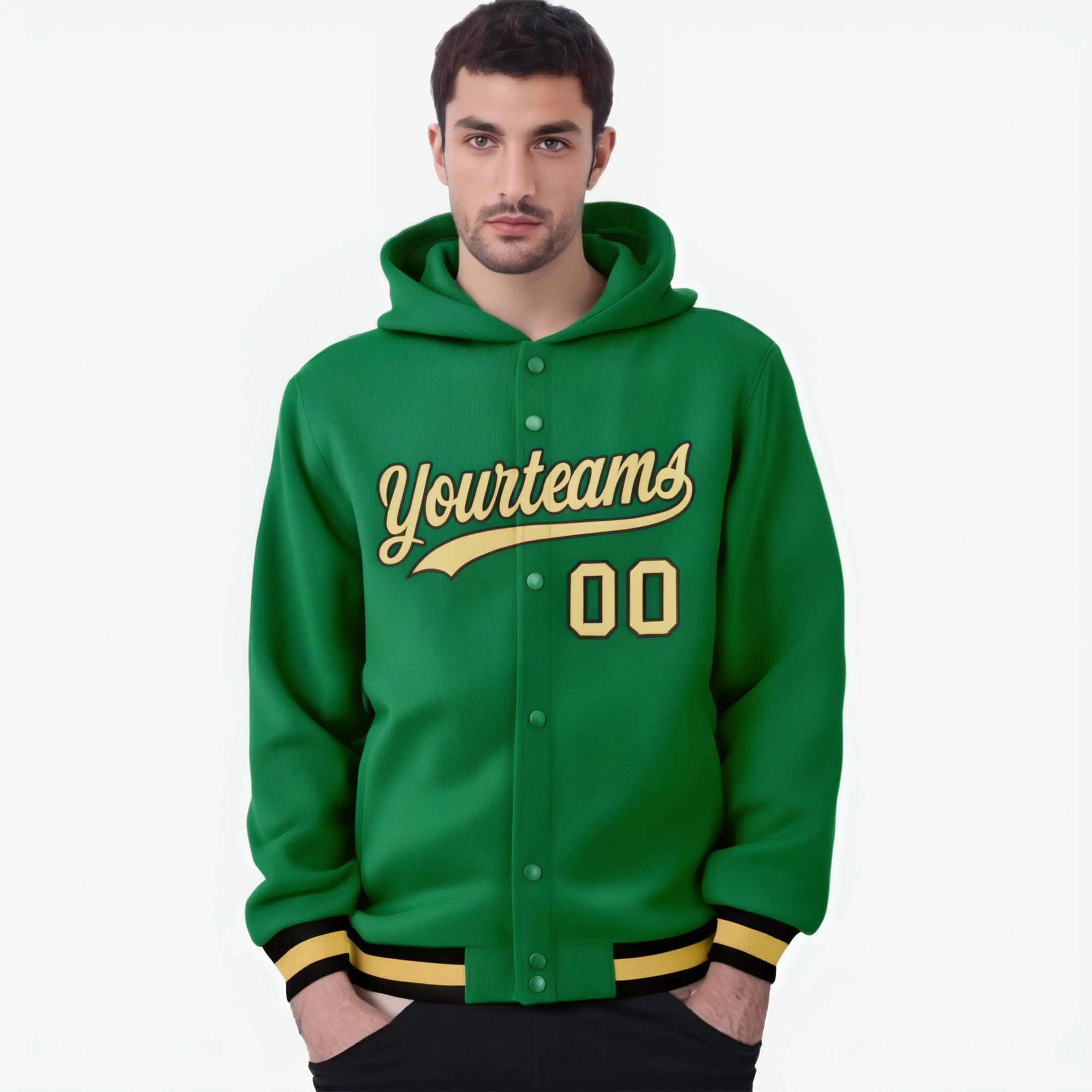 Custom Kelly Green Old Gold-Black Varsity Full-Snap Letterman Classic Hoodie Jacket