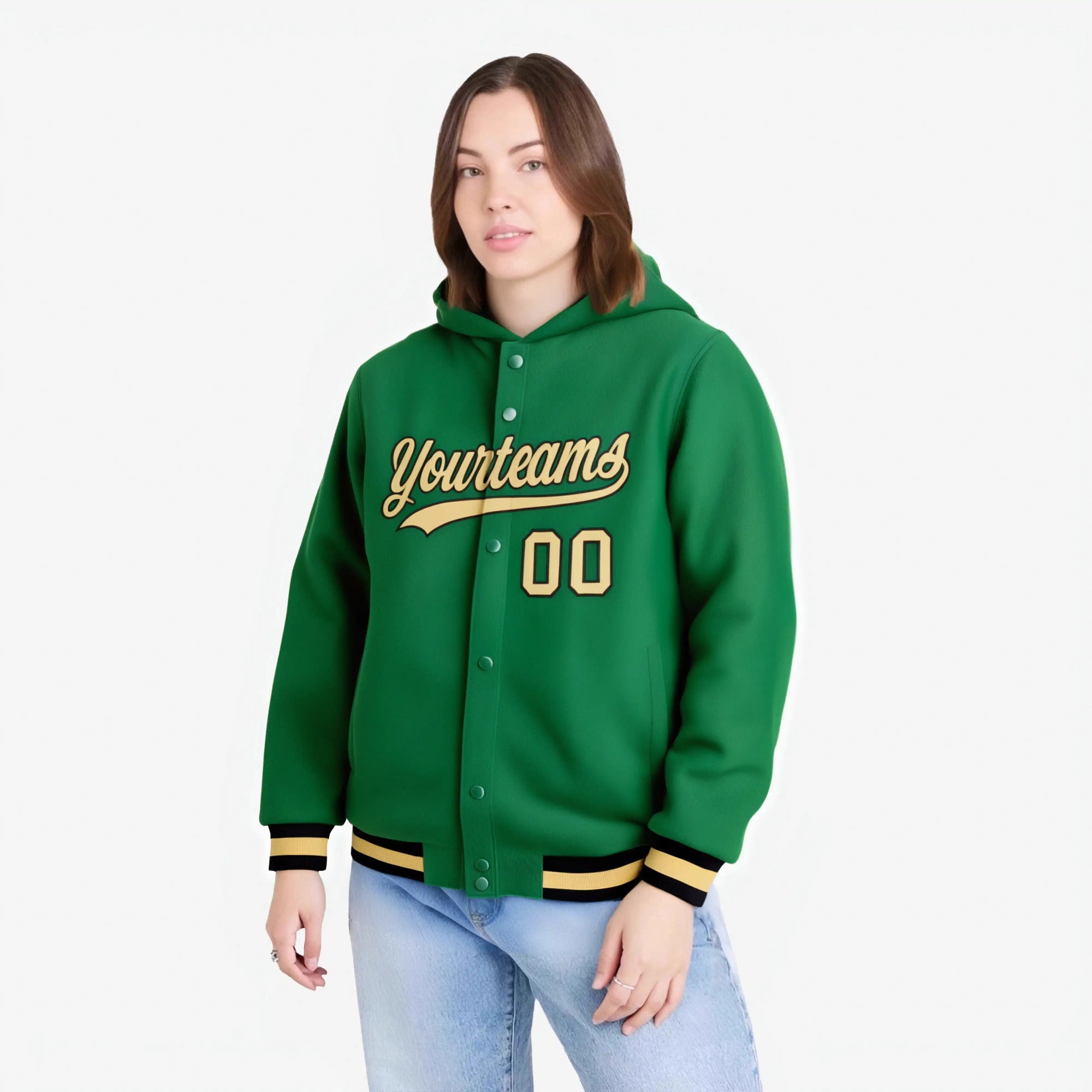 Custom Kelly Green Old Gold-Black Varsity Full-Snap Letterman Classic Hoodie Jacket