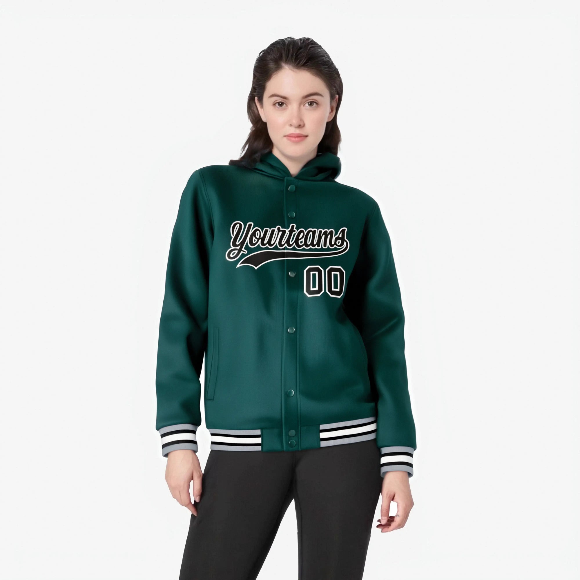 Custom Green Black-White Varsity Full-Snap Letterman Classic Hoodie Jacket