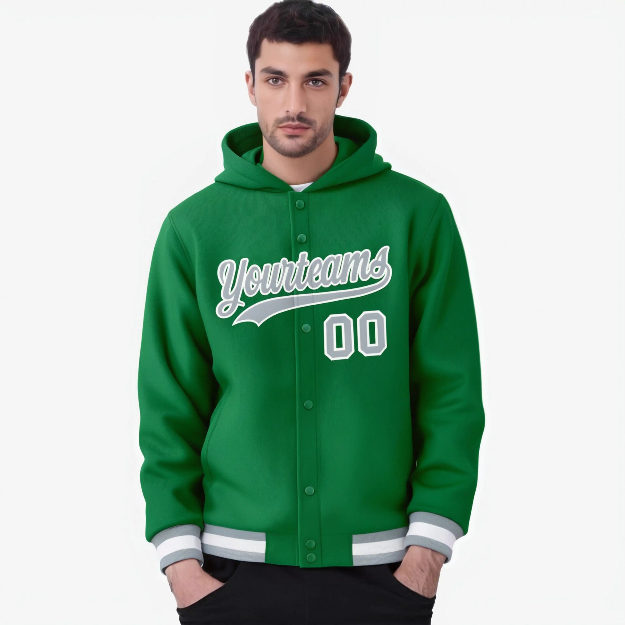 Custom Kelly Green Gray-White Varsity Full-Snap Letterman Classic Hoodie Jacket