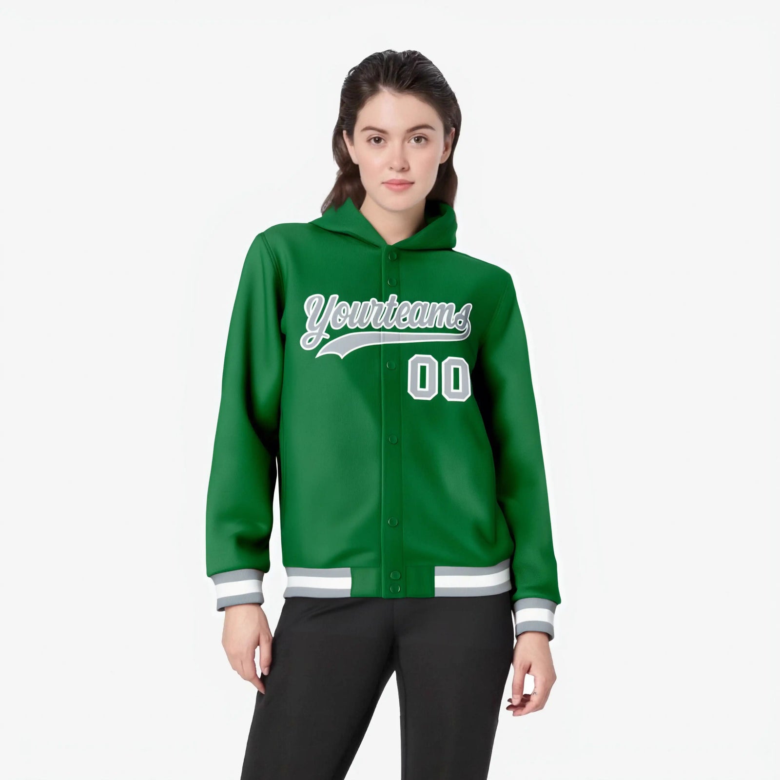 Custom Kelly Green Gray-White Varsity Full-Snap Letterman Classic Hoodie Jacket