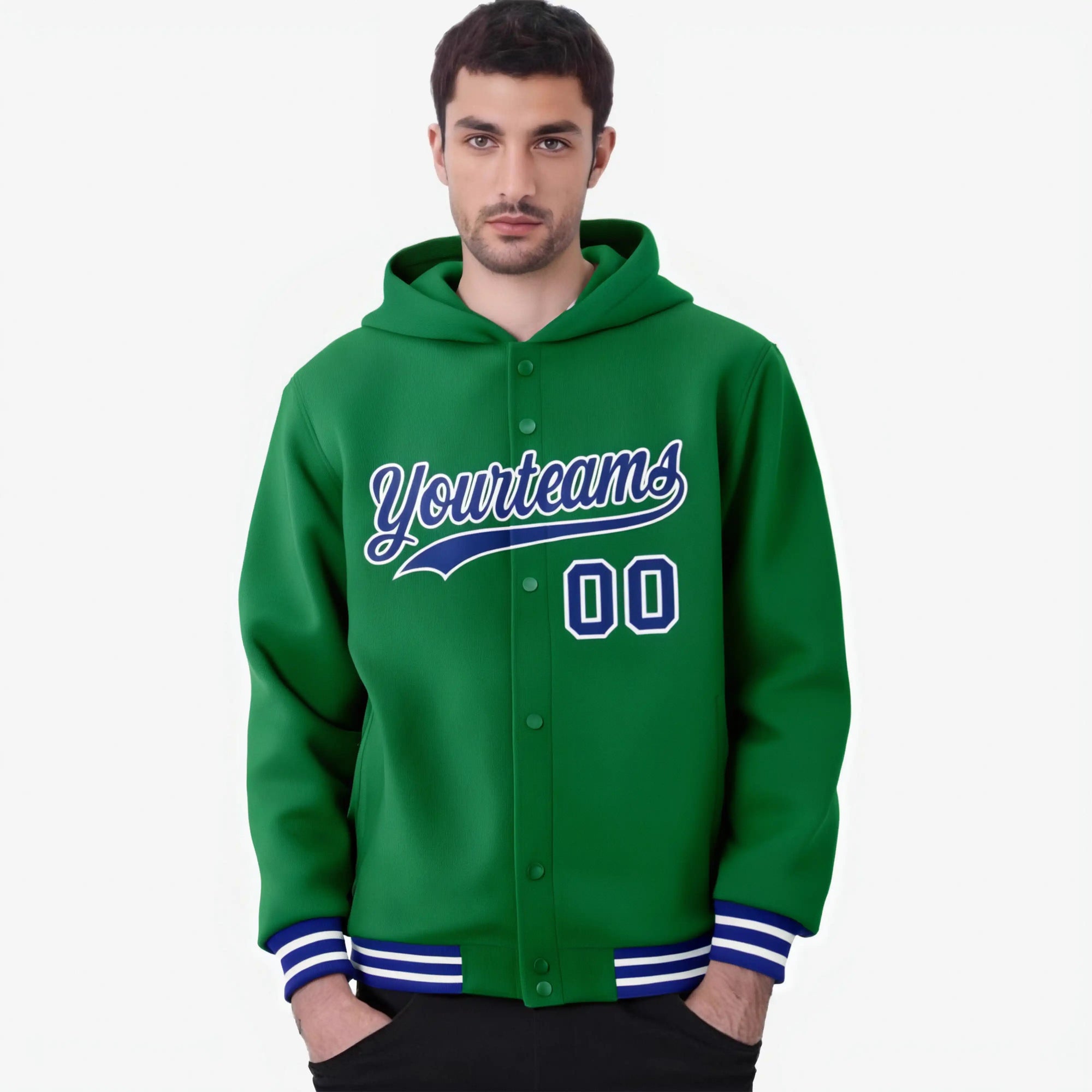 Custom Kelly Green Royal Blue-White Varsity Full-Snap Letterman Classic Hoodie Jacket