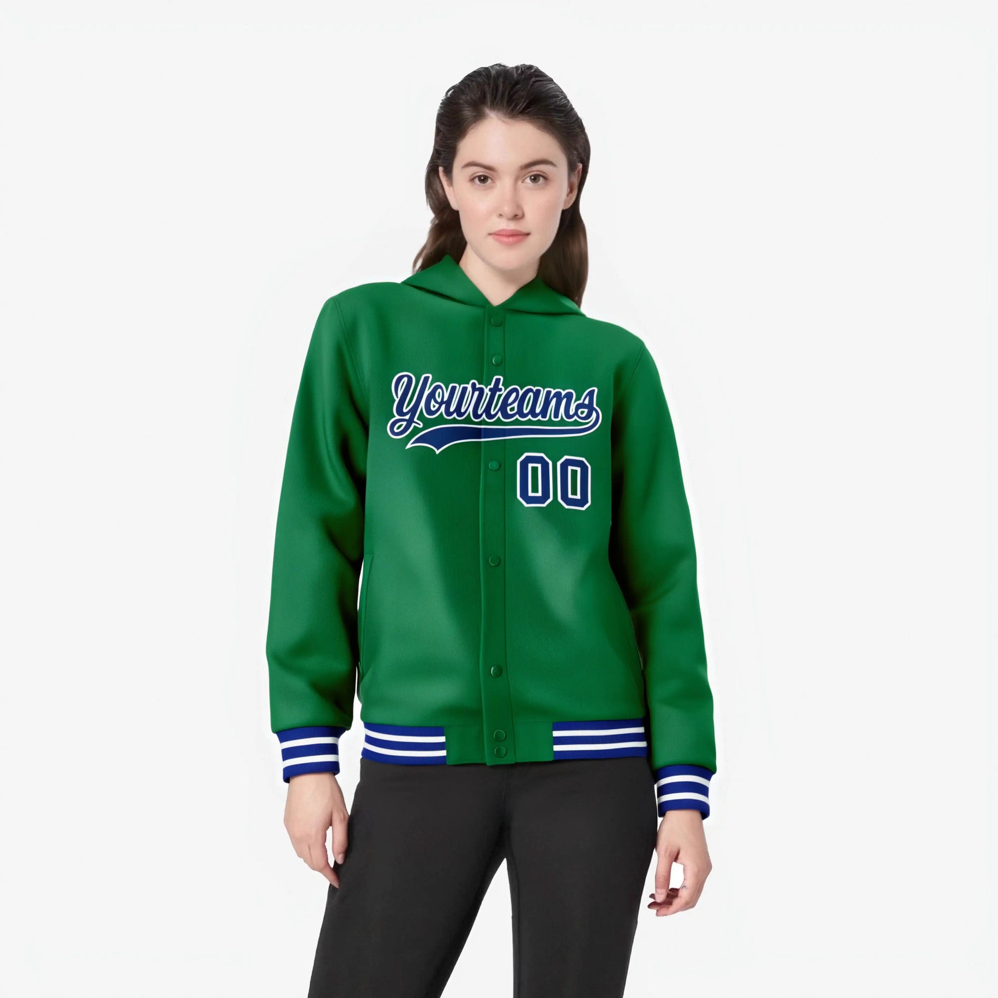 Custom Kelly Green Royal Blue-White Varsity Full-Snap Letterman Classic Hoodie Jacket