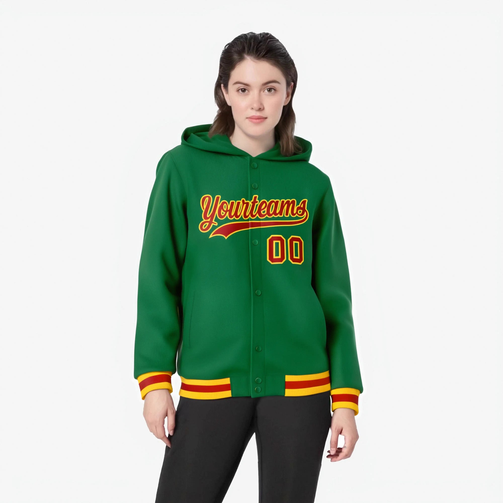 Custom Kelly Green Red-Gold Varsity Full-Snap Letterman Classic Hoodie Jacket