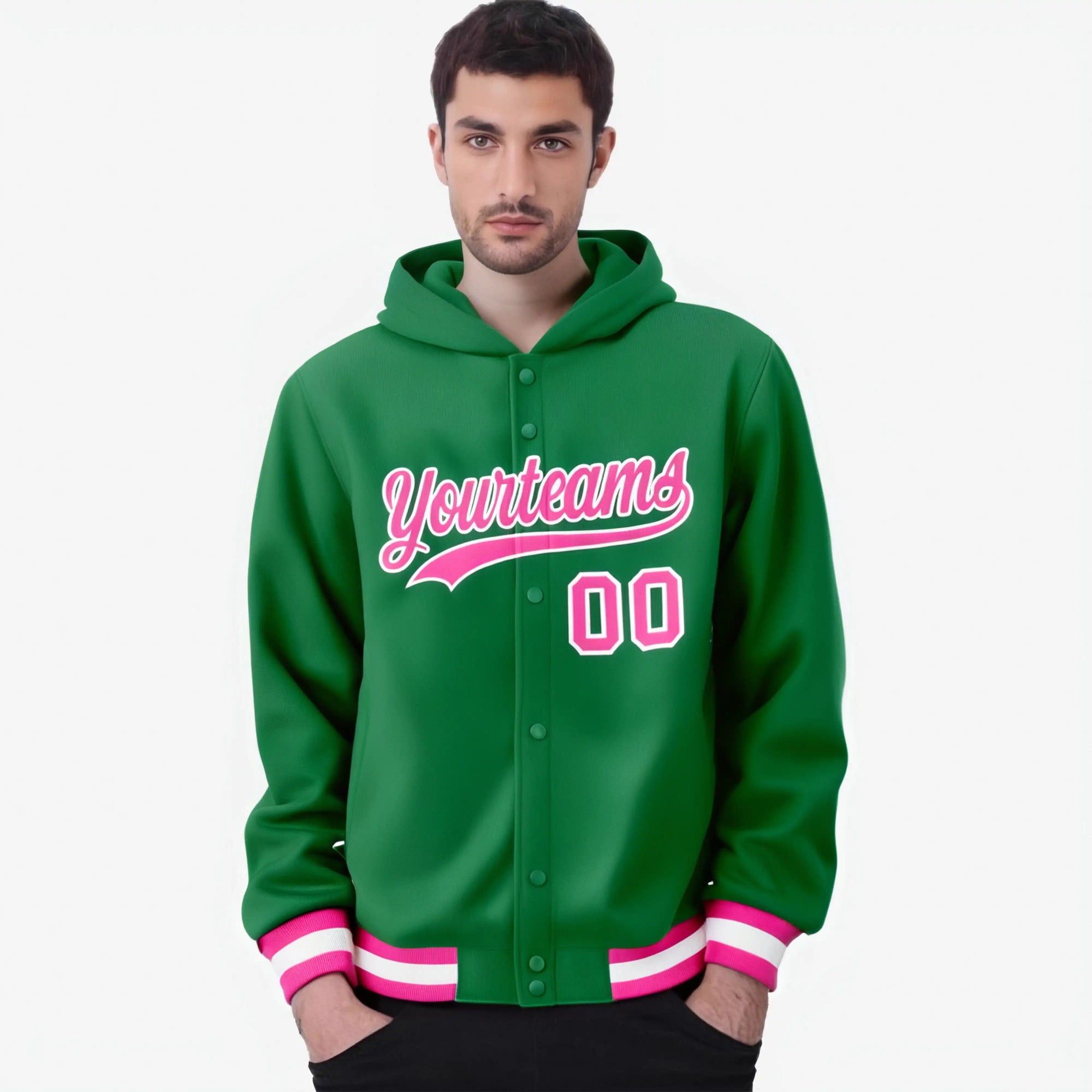 Custom Kelly Green Pink-White Varsity Full-Snap Letterman Classic Hoodie Jacket