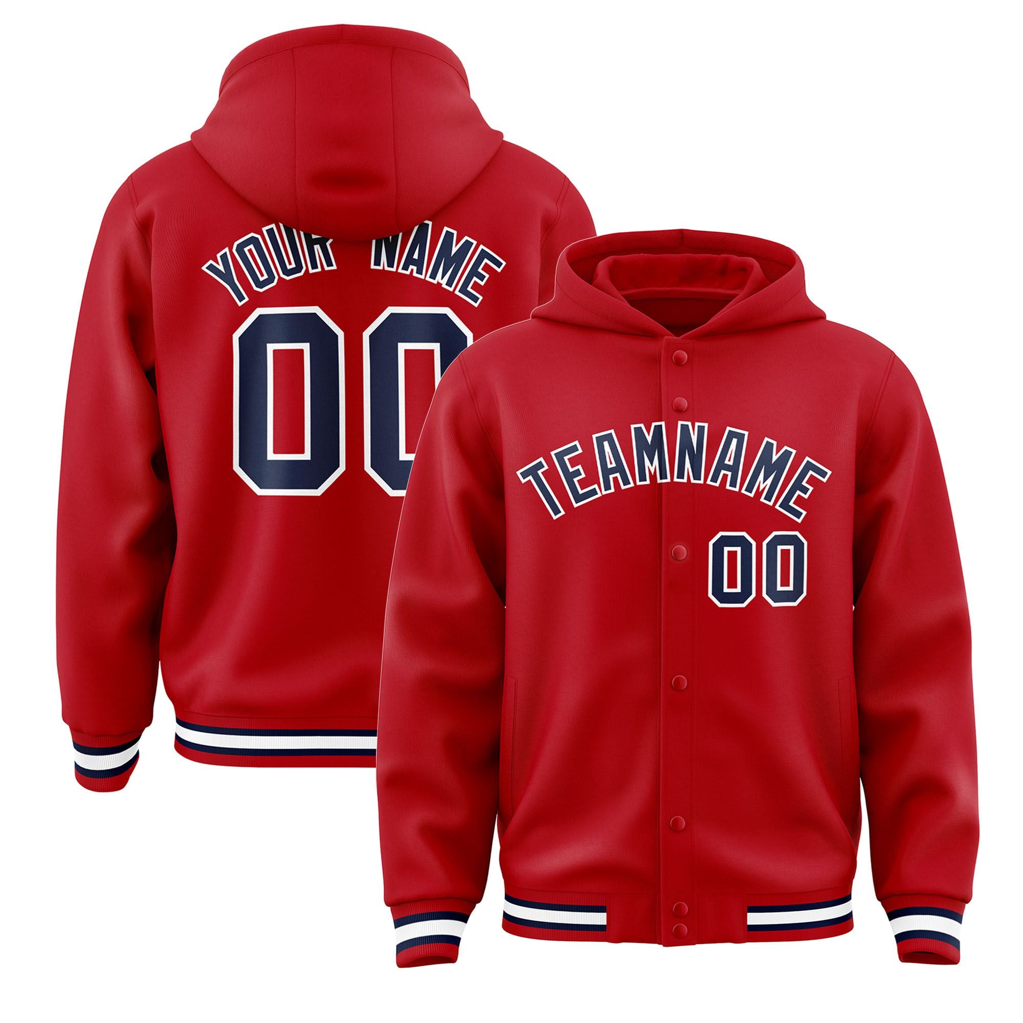 Custom Red Navy-White Varsity Full-Snap Letterman Classic Hoodie Jacket