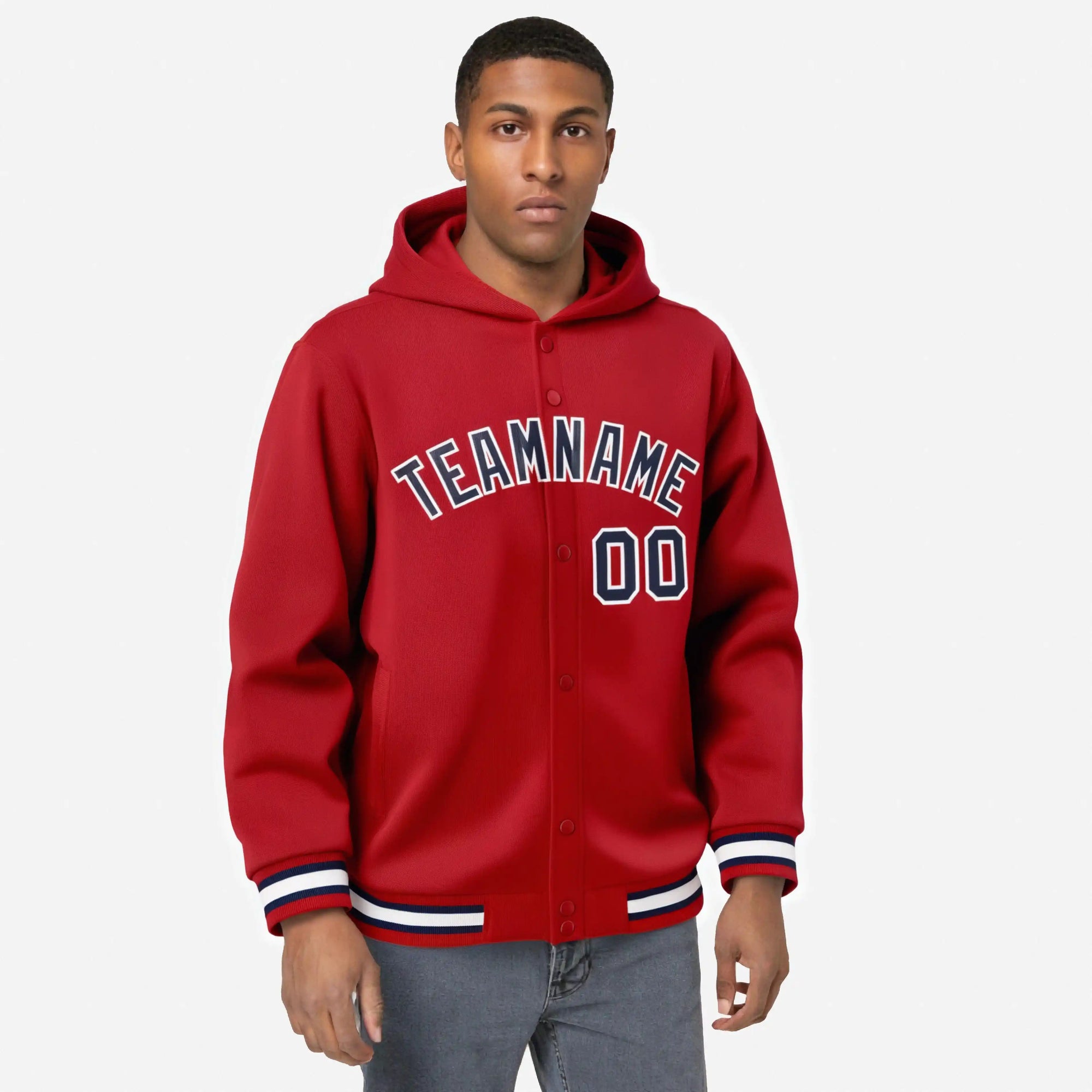 Custom Red Navy-White Varsity Full-Snap Letterman Classic Hoodie Jacket