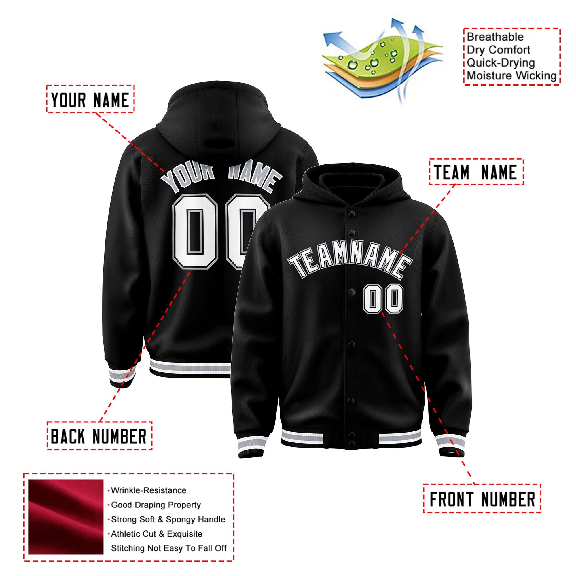 Custom Black White-Gray Varsity Full-Snap Letterman Classic Hoodie Jacket