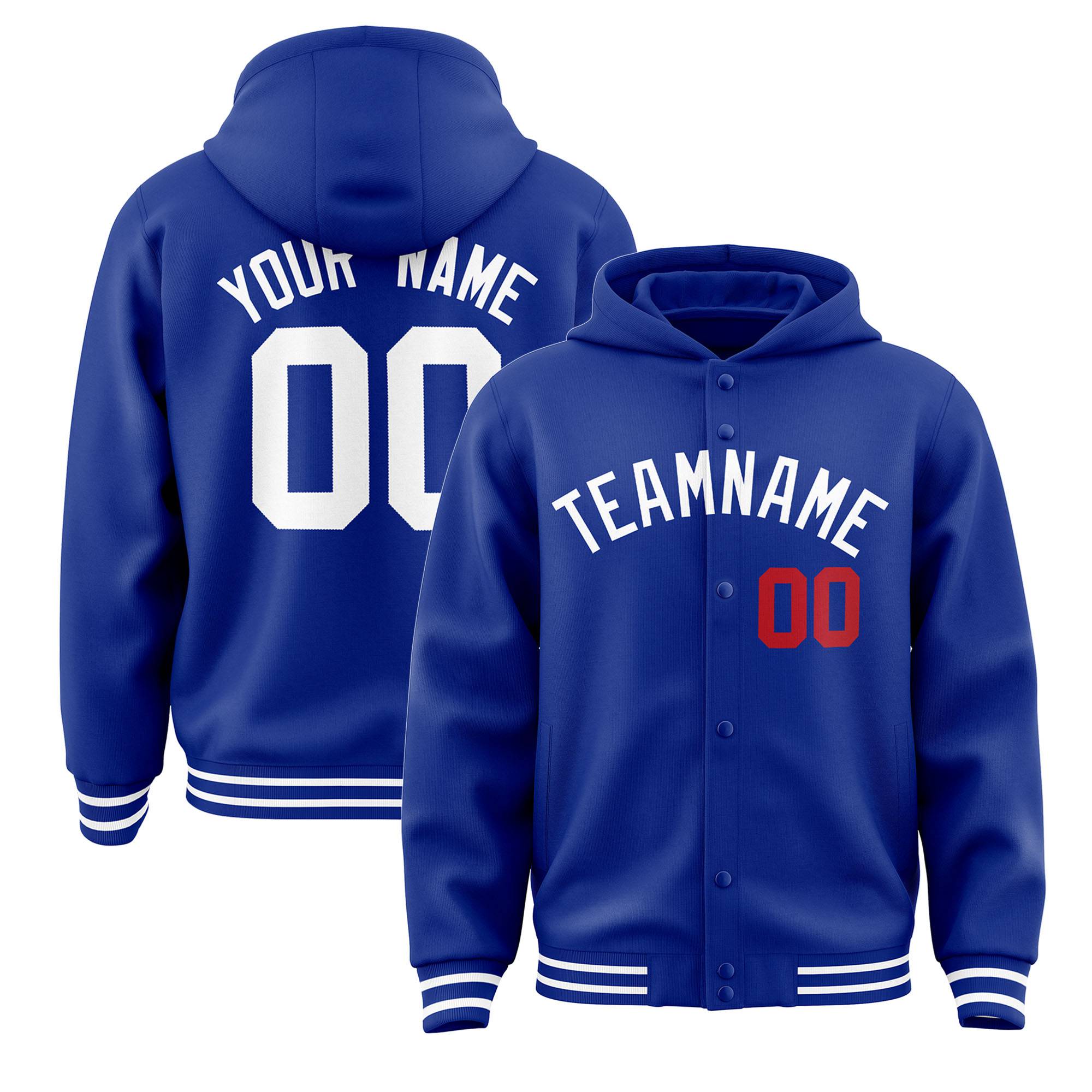 Custom Royal Blue White Varsity Full-Snap Letterman Classic Hoodie Jacket