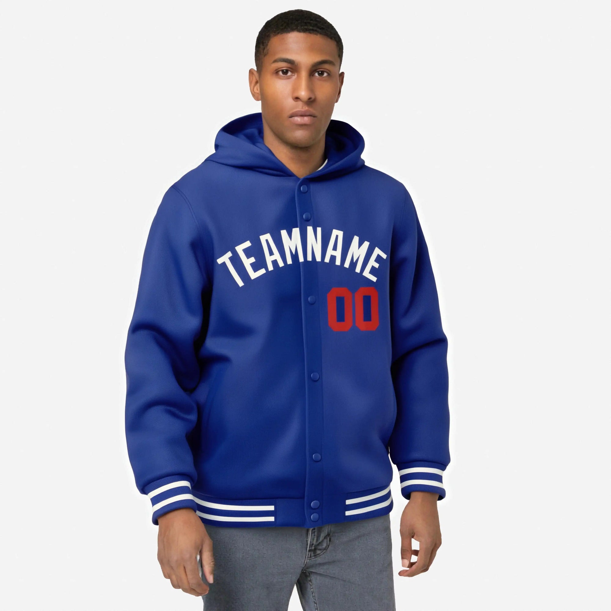 Custom Royal Blue White Varsity Full-Snap Letterman Classic Hoodie Jacket