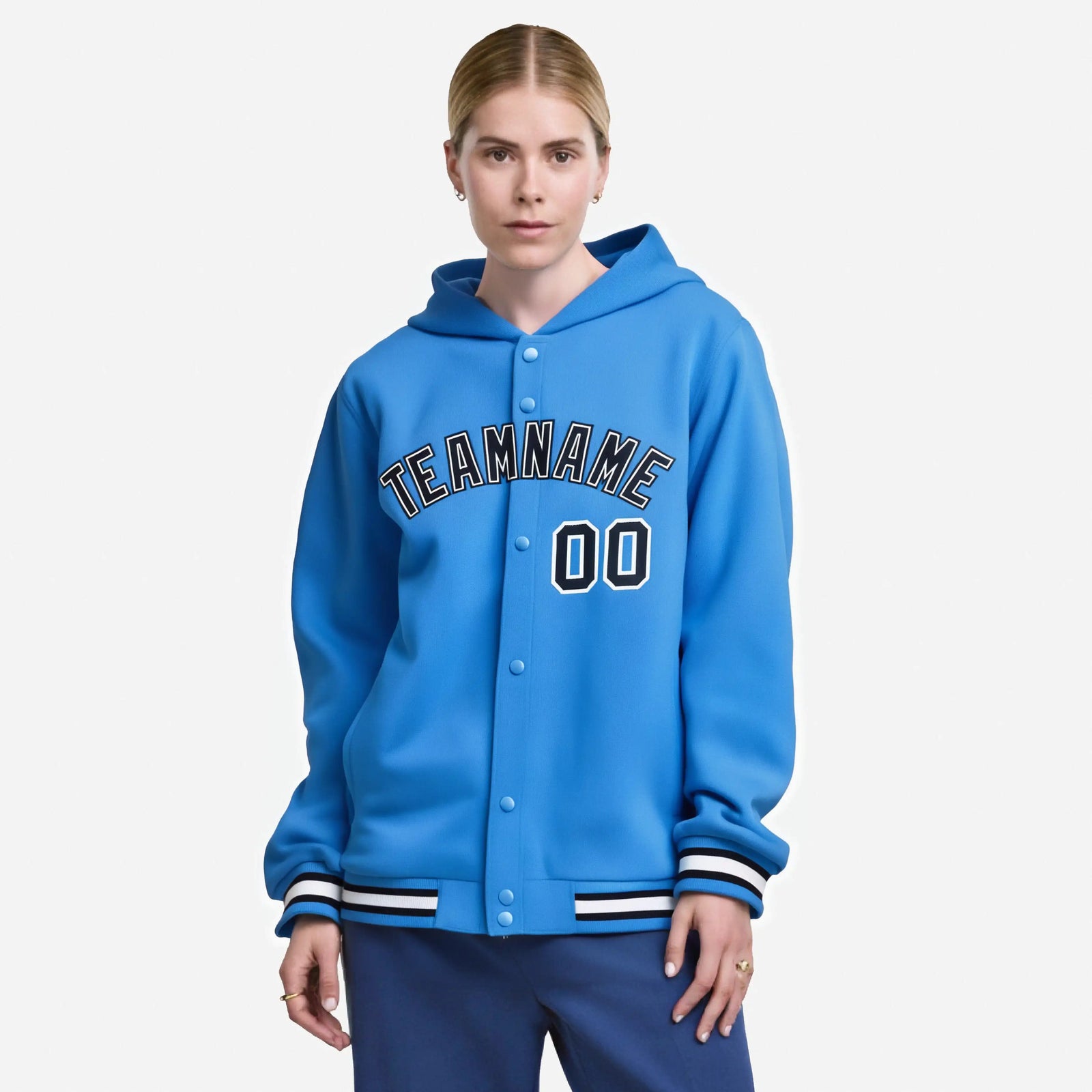 Custom Powder Blue Navy-White Varsity Full-Snap Letterman Classic Hoodie Jacket