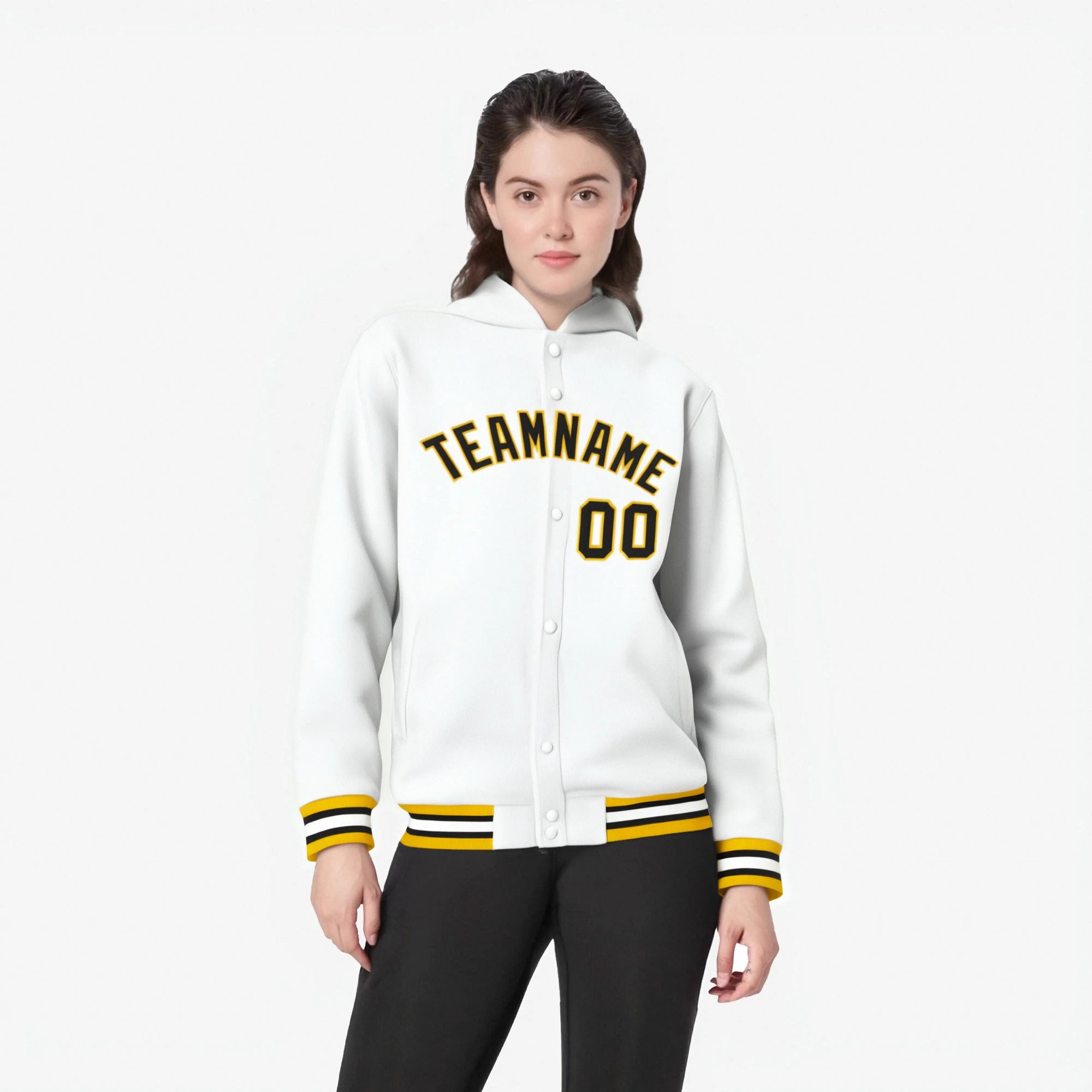 Custom White Black-Gold Varsity Full-Snap Letterman Classic Hoodie Jacket