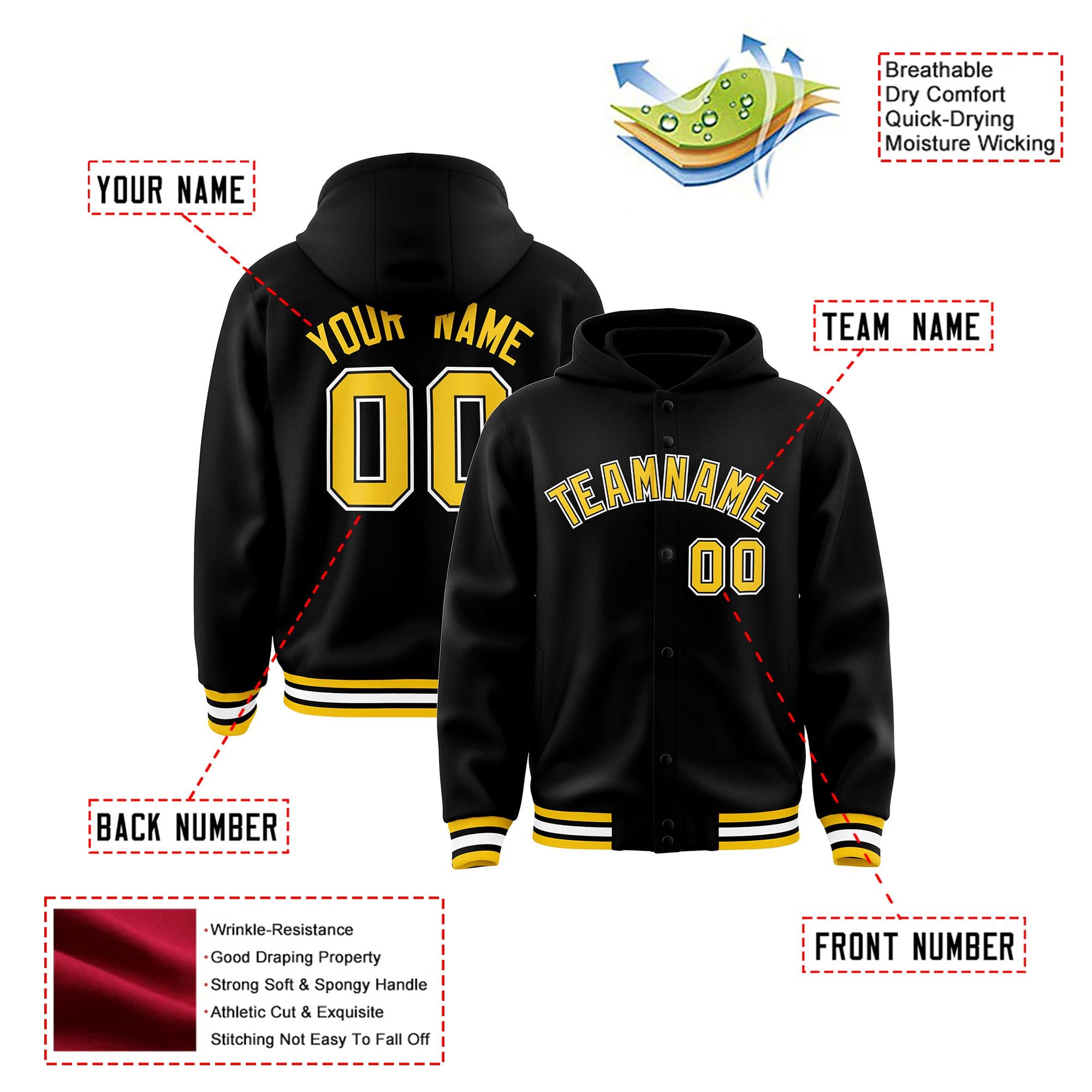 Custom Black Gold-Black Varsity Full-Snap Letterman Classic Hoodie Jacket