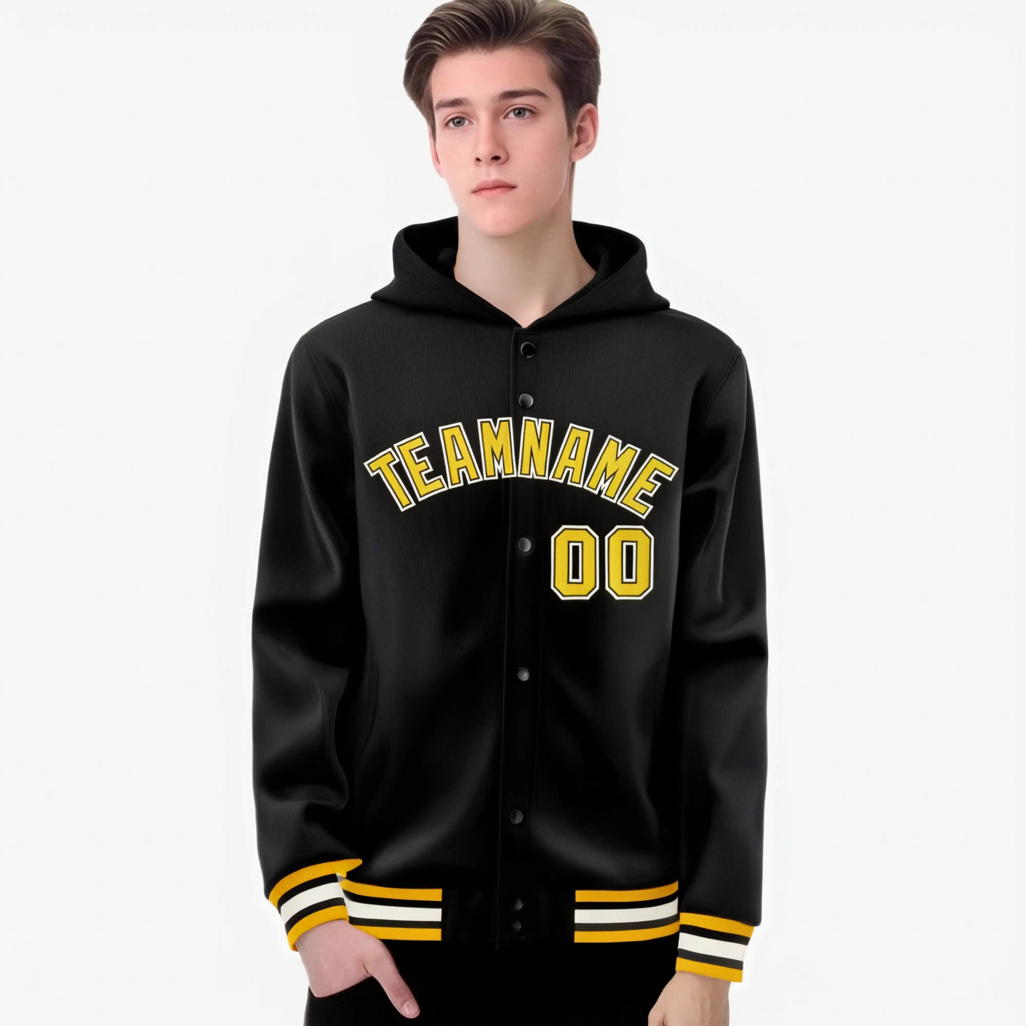 Custom Black Gold-Black Varsity Full-Snap Letterman Classic Hoodie Jacket