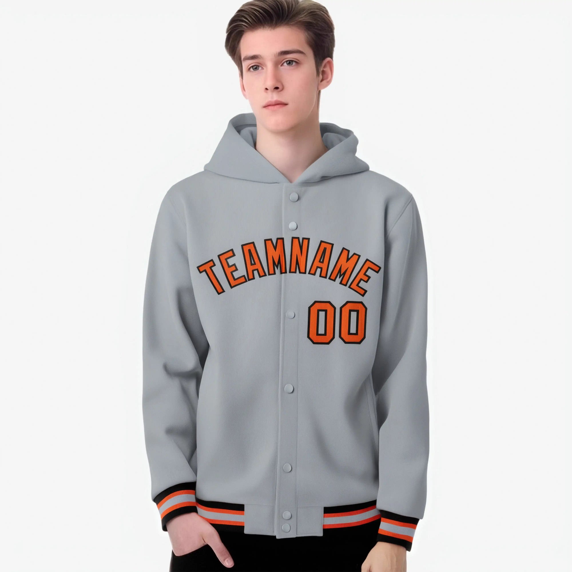 Custom Gray Orange-Black Varsity Full-Snap Letterman Classic Hoodie Jacket