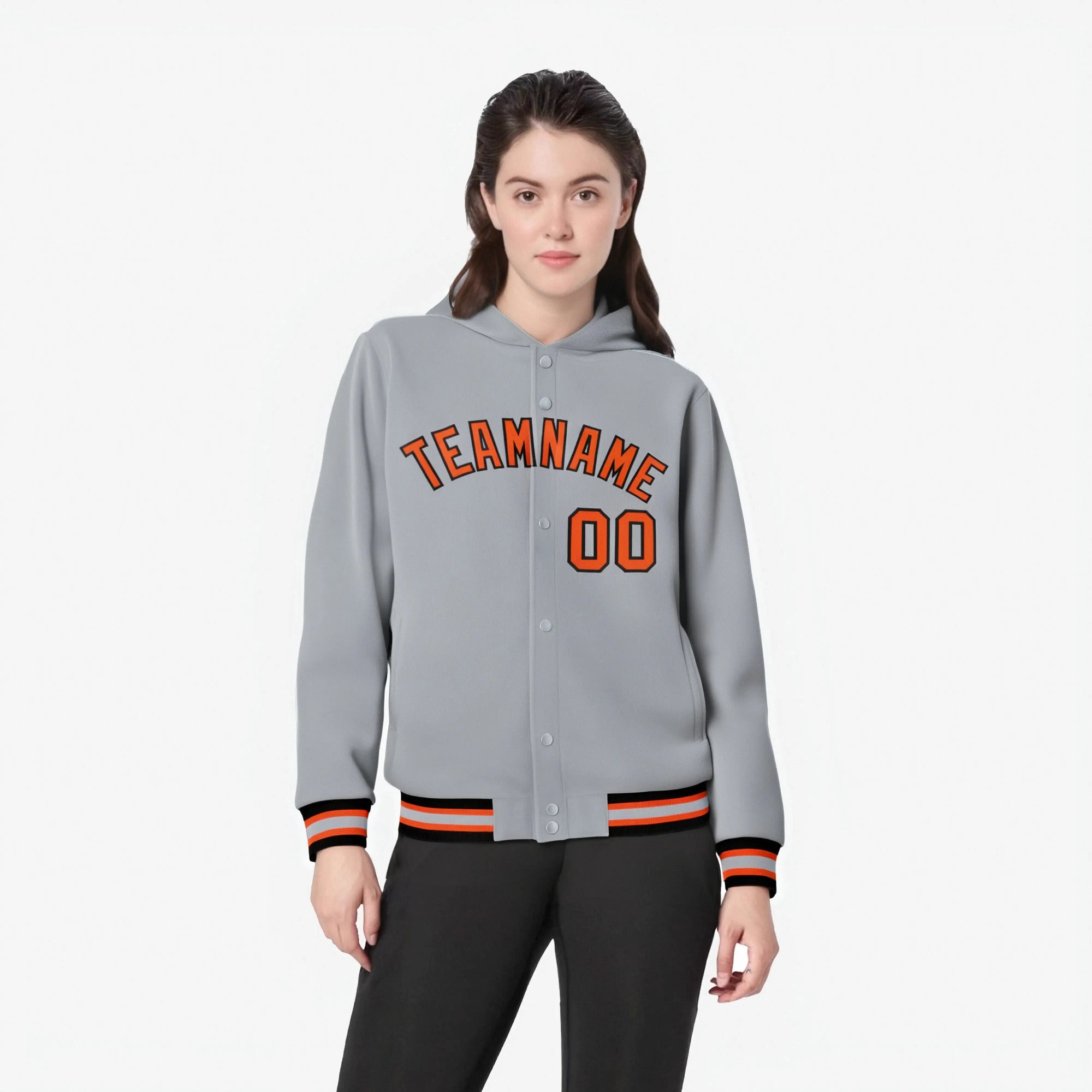 Custom Gray Orange-Black Varsity Full-Snap Letterman Classic Hoodie Jacket