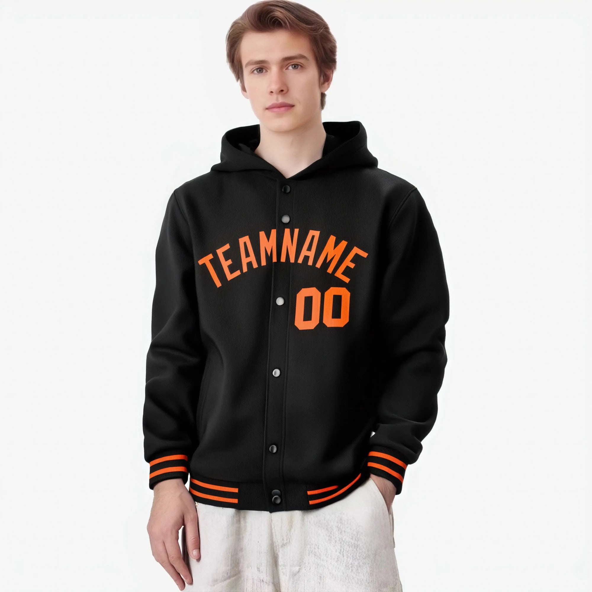 Custom Black Orange-Black Varsity Full-Snap Letterman Classic Hoodie Jacket