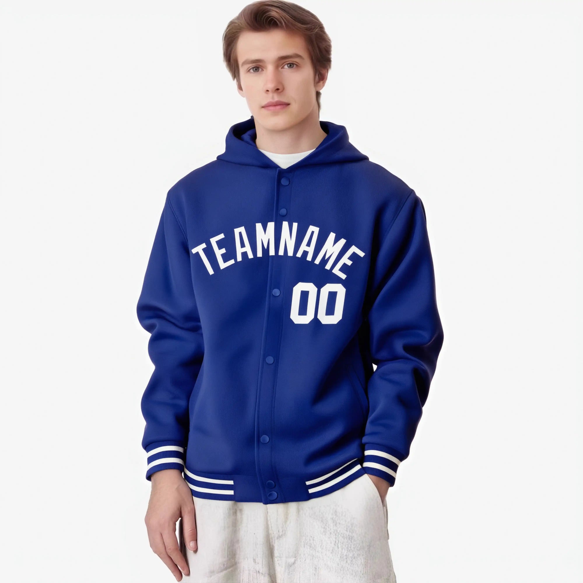 Custom Royal Blue White Varsity Full-Snap Letterman Classic Hoodie Jacket