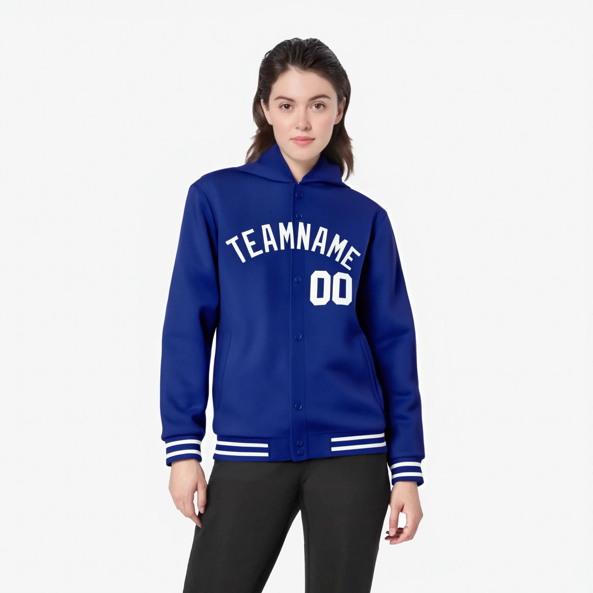 Custom Royal Blue White Varsity Full-Snap Letterman Classic Hoodie Jacket