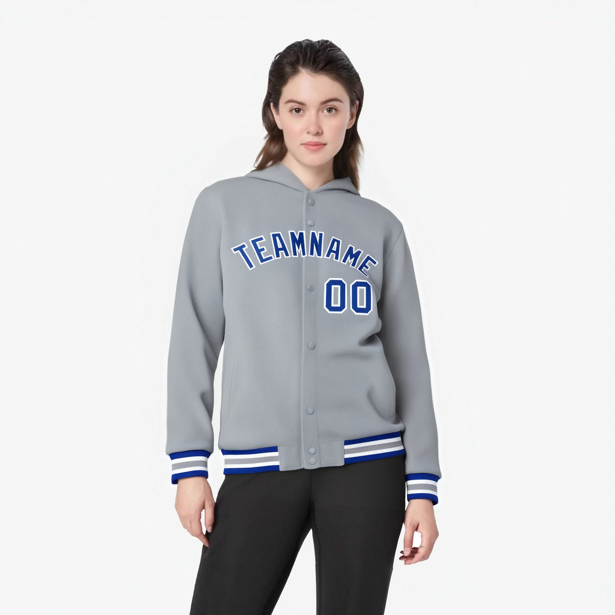 Custom Gray Royal Blue-White Varsity Full-Snap Letterman Classic Hoodie Jacket