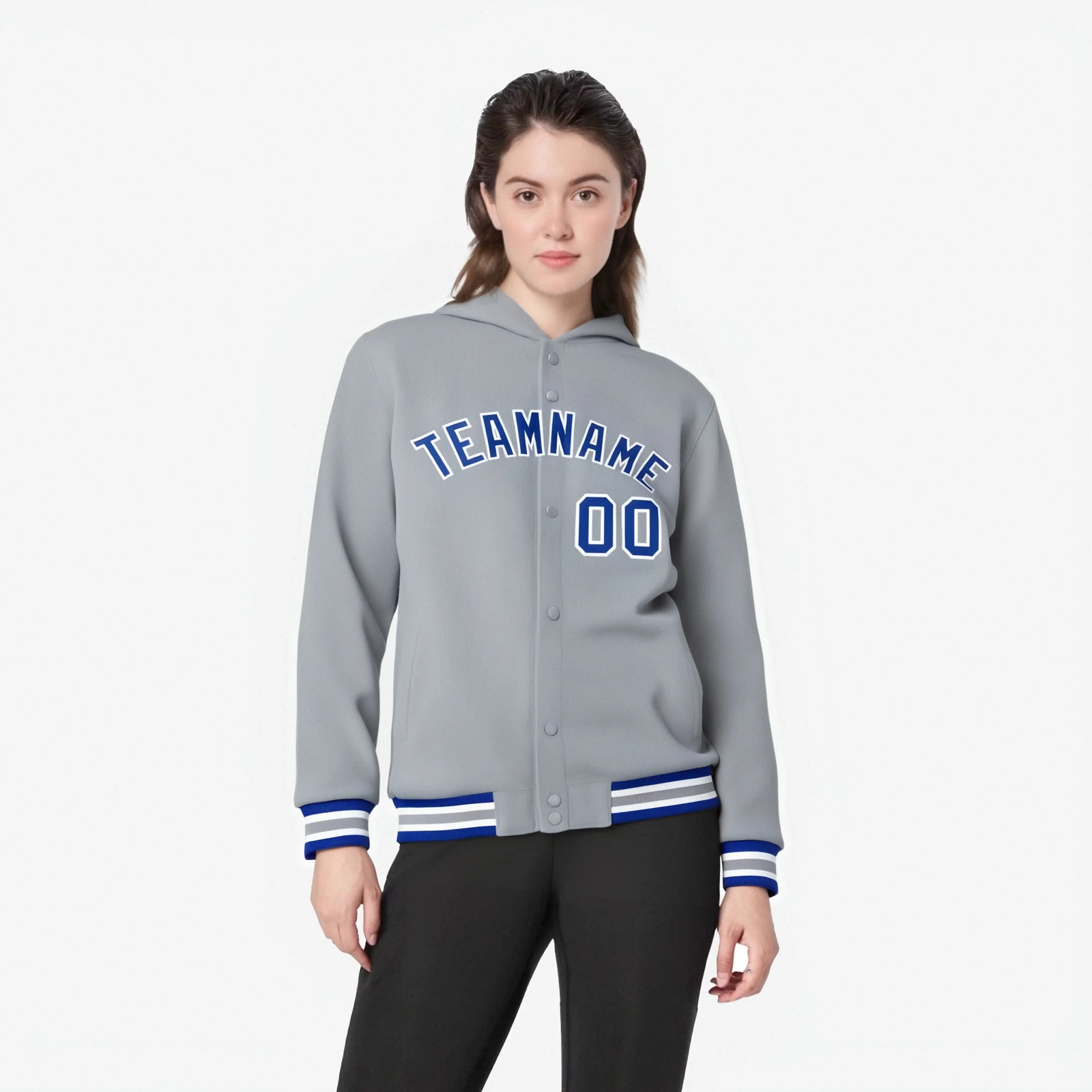 Custom Gray Royal Blue-White Varsity Full-Snap Letterman Classic Hoodie Jacket