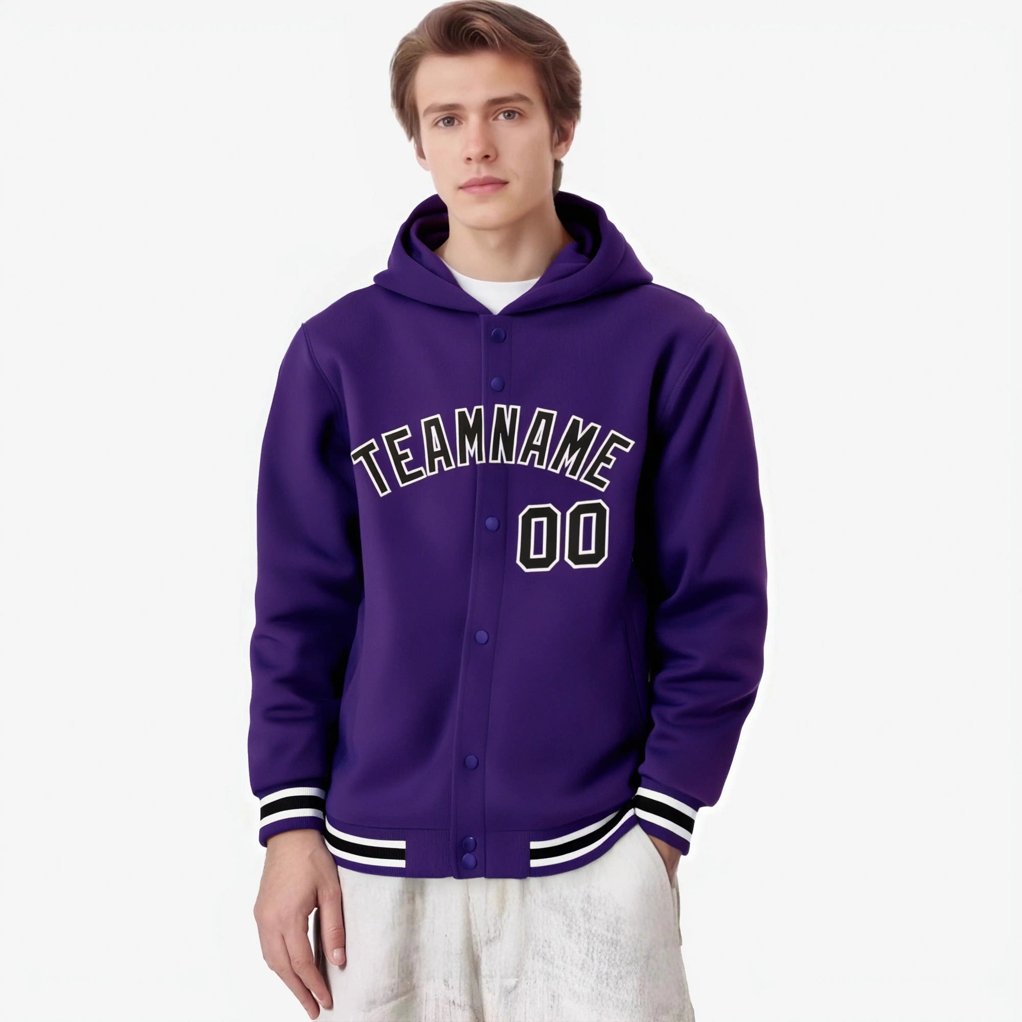 Custom Purple Black-White Varsity Full-Snap Letterman Classic Hoodie Jacket